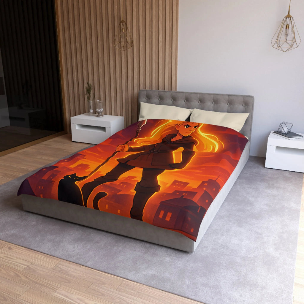 Housse de Couette Fantaisie Aventureuse Avec Guerrière et Chat Noir Sur Fond Urbain