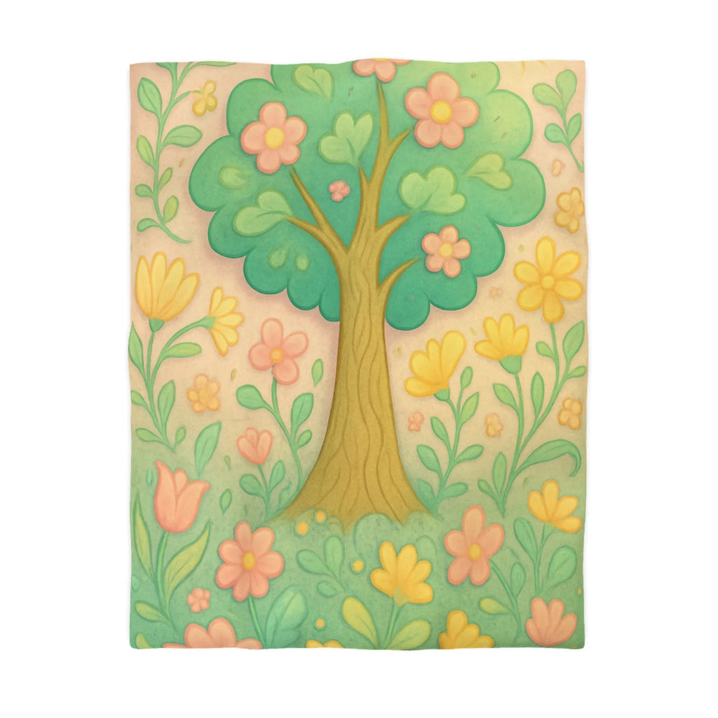 Housse de couette illustrée d'arbre fleuri et printemps avec couleurs douces pour chambre