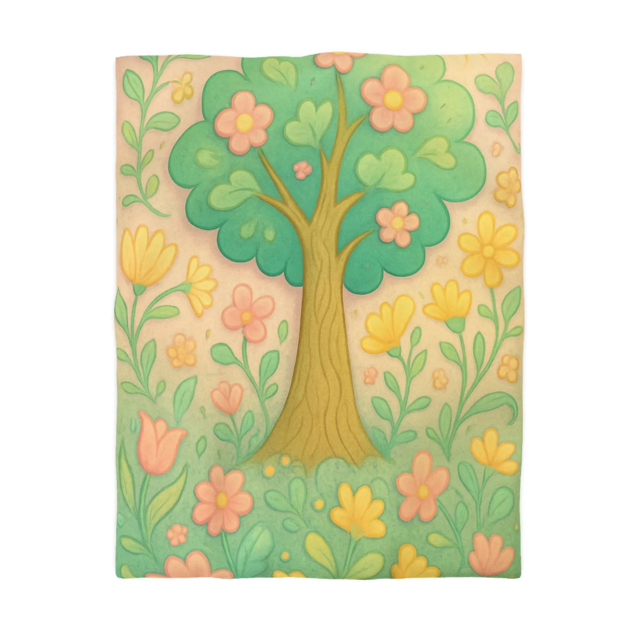 Housse de couette illustrée d'arbre fleuri et printemps avec couleurs douces pour chambre