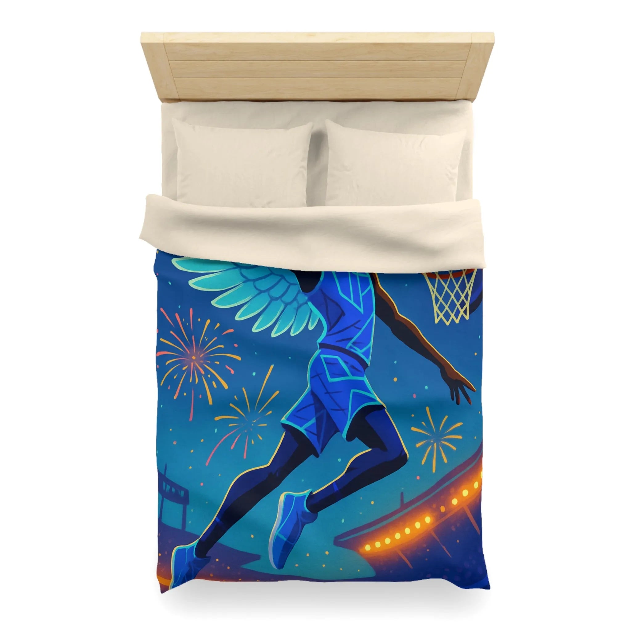 Housse de couette avec joueur de basket volant sous un ciel étoilé lumineux