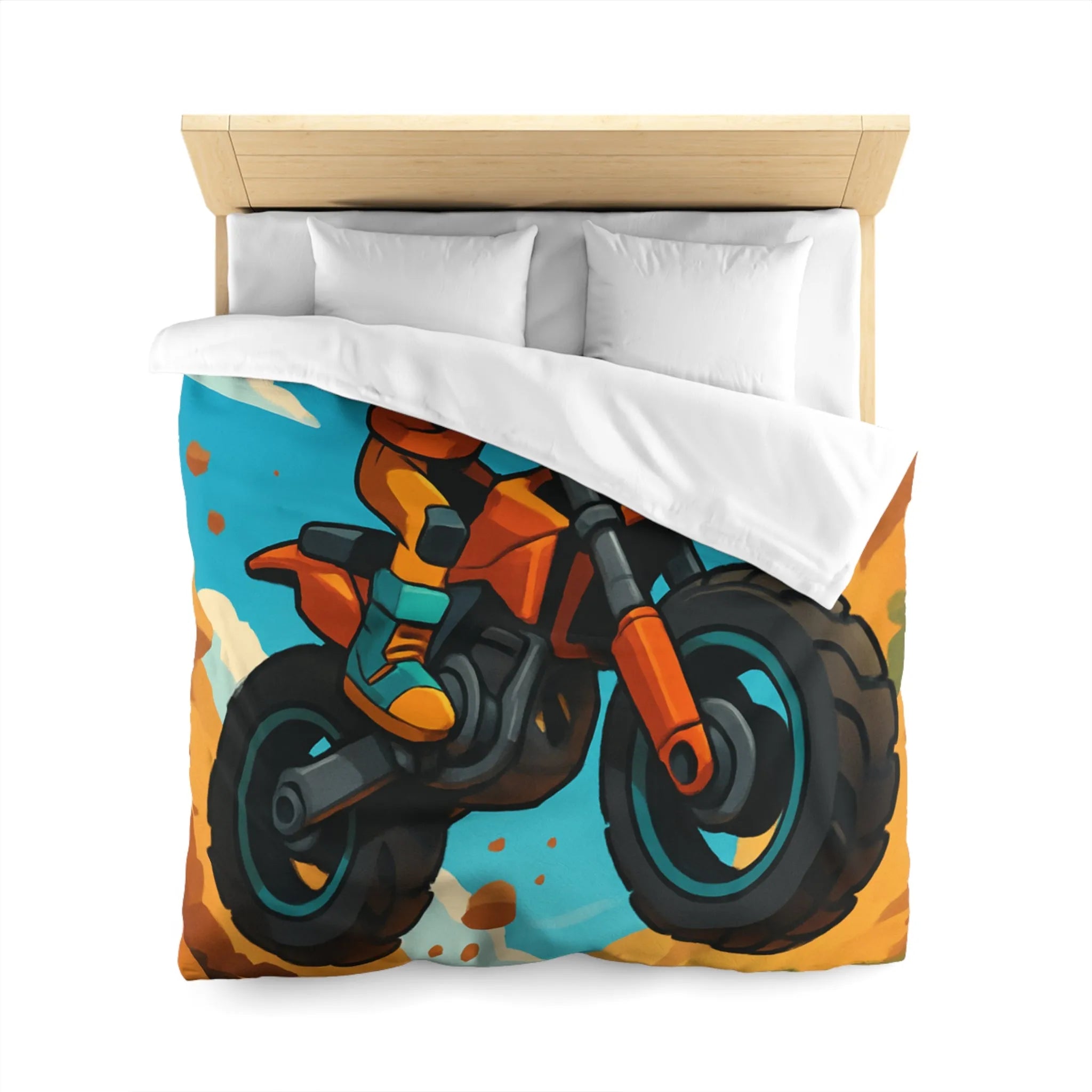 Housse de couette enfant motocross orange avec paysage montagneux et ciel bleu vif
