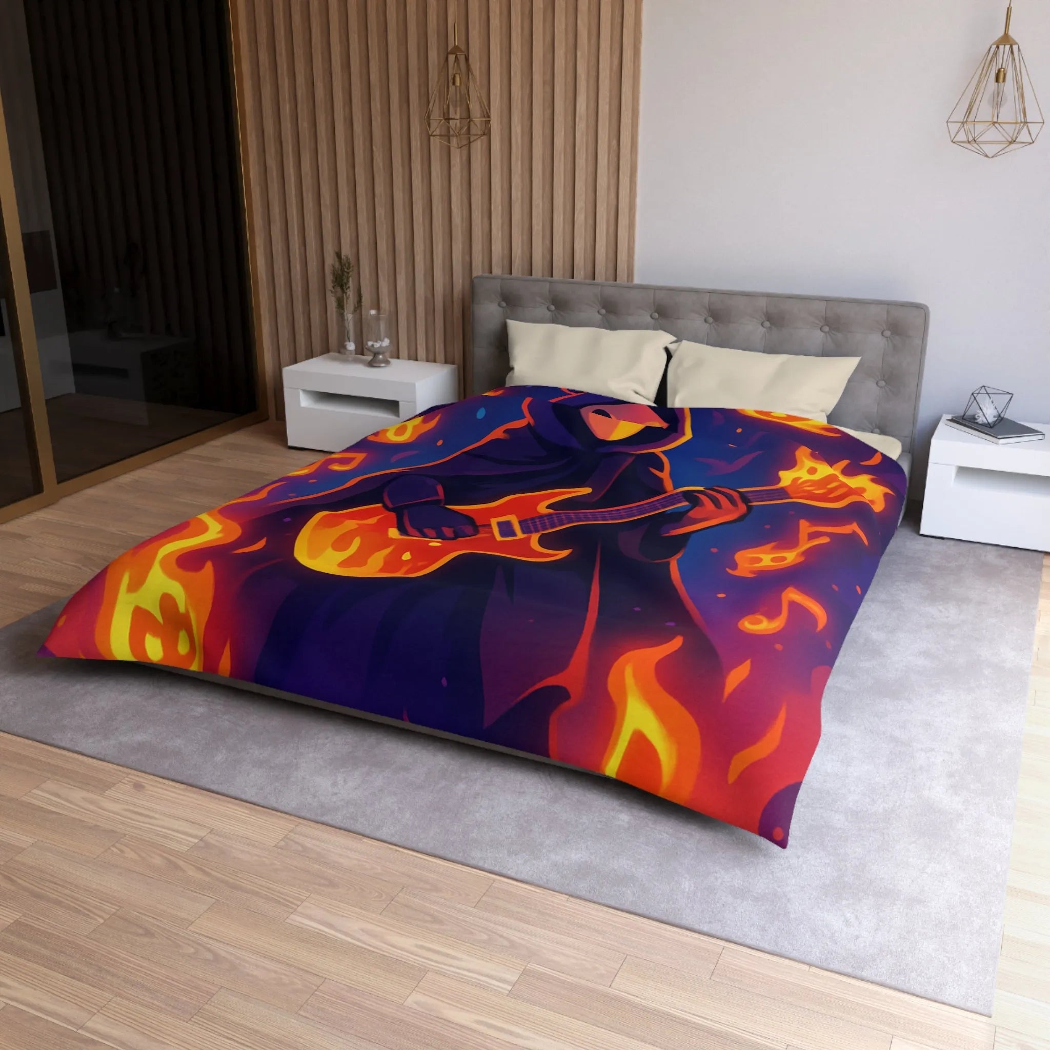 Housse de Couette Envoûtante avec Musicien Mystérieux Jouant de la Guitare en Flammes