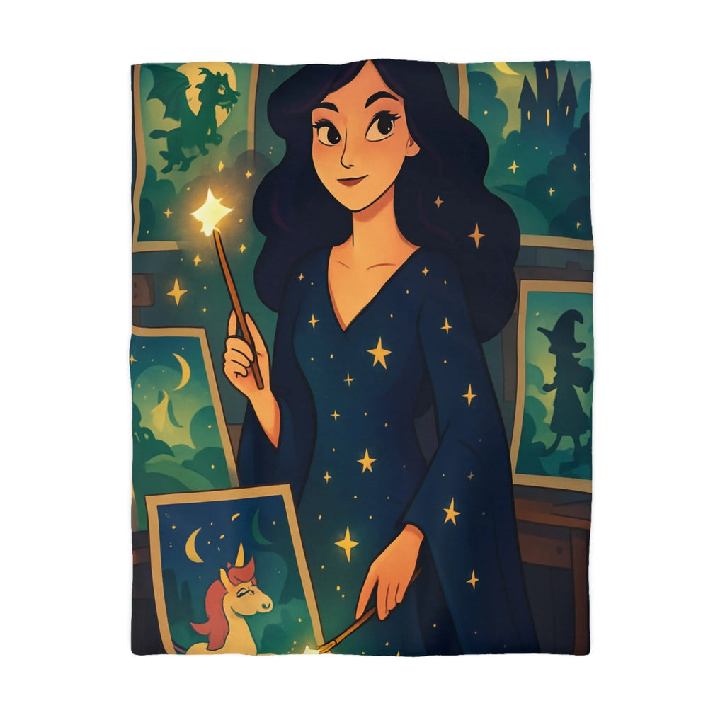 Housse de couette magique avec motif étoilé et créatures fantastiques pour chambre féérique