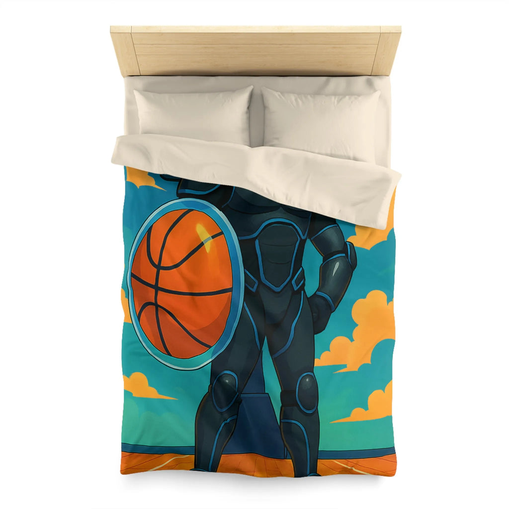 Housse de couette avec illustration d'un joueur de basket héroïque sous un ciel vibrant