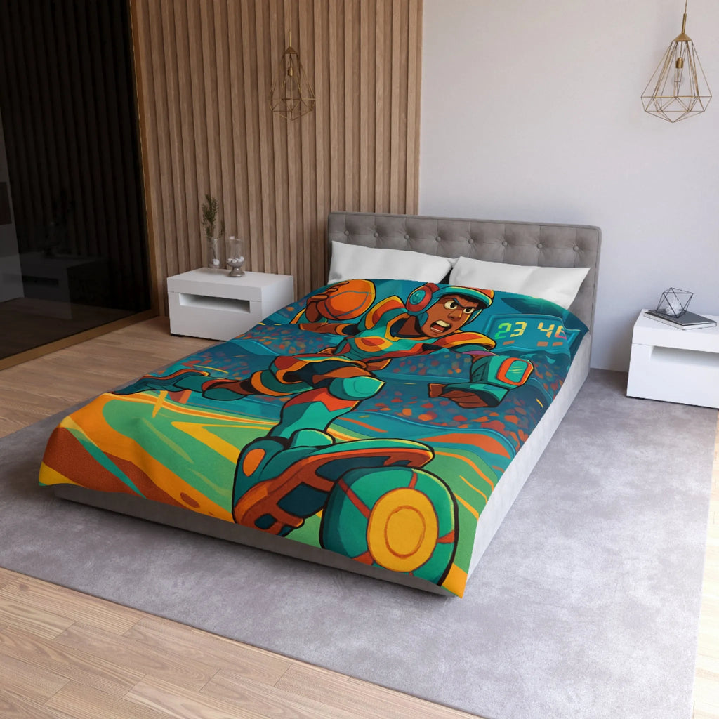 Housse de couette colorée avec joueur futuriste en action dans un stade dynamique