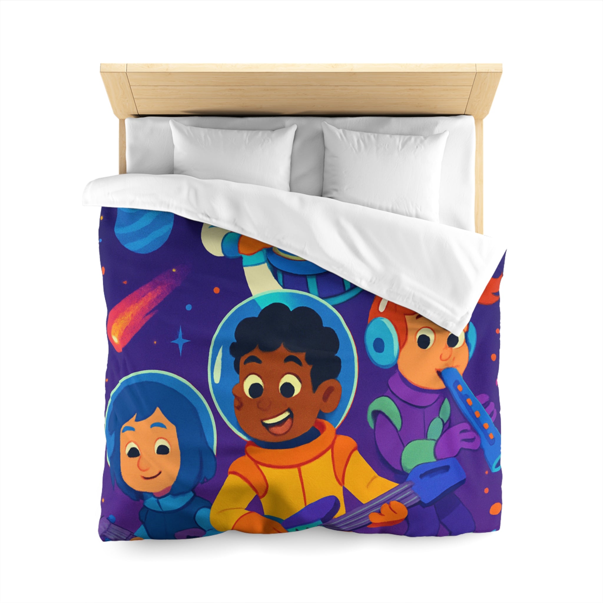 Housse de couette spatiale colorée avec enfants musiciens et planètes virevoltantes