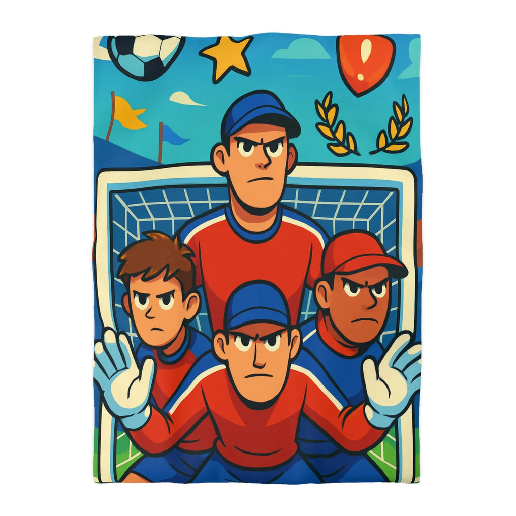 Housse de couette football dynamique avec joueurs, ballon, étoiles et trophées en illustration