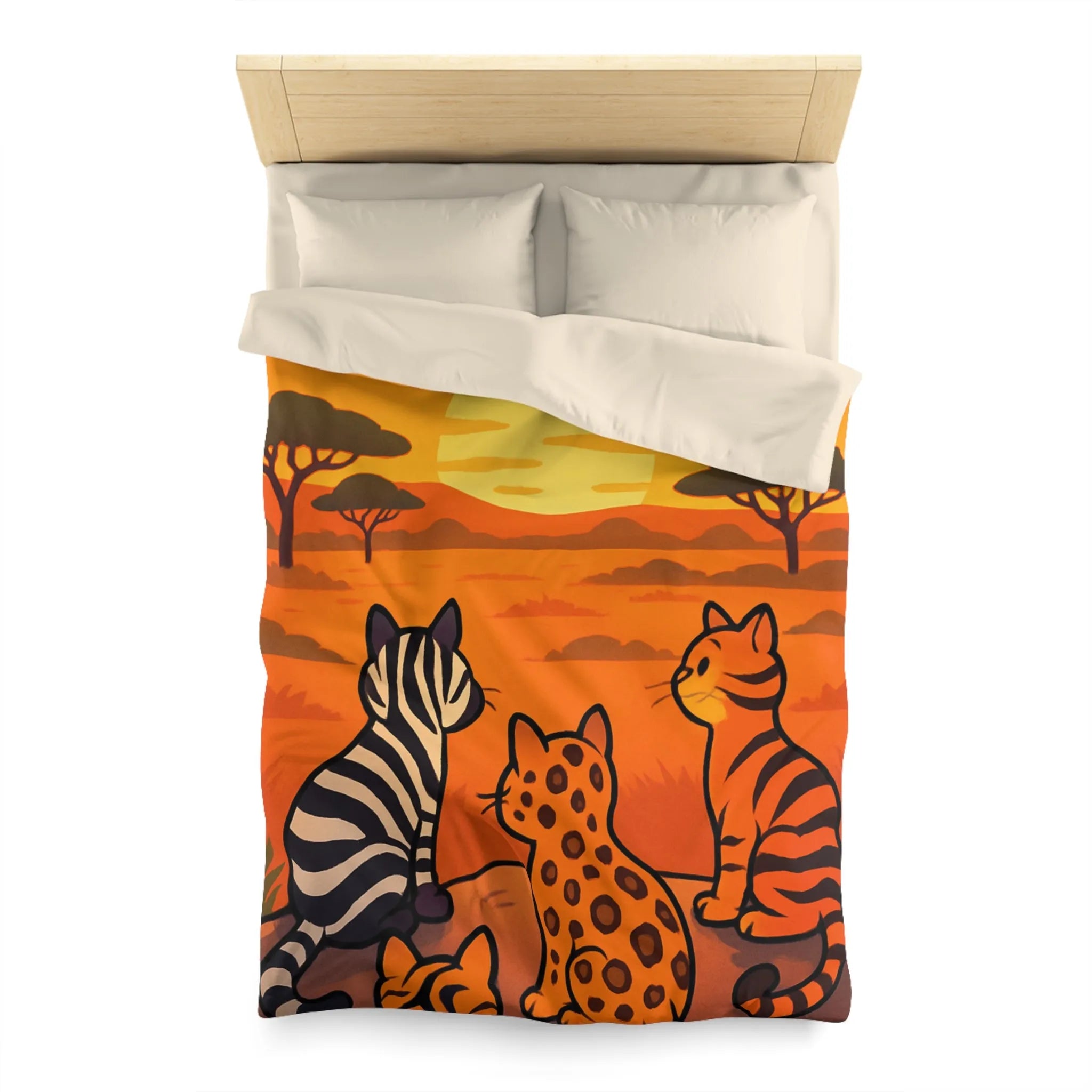 Housse de Couette avec Chats Sauvages Observant le Coucher de Soleil en Savane Africaine