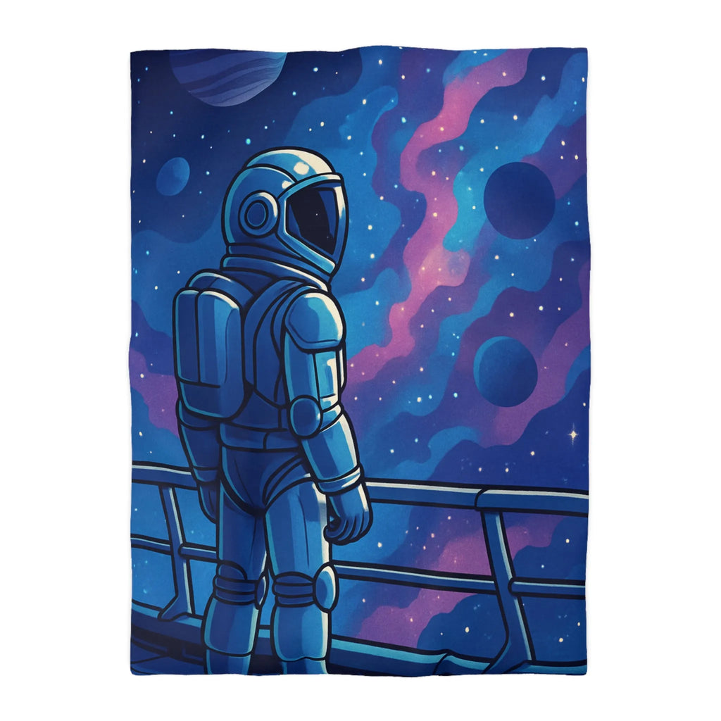 Housse de couette design astronaute contemplant galaxies et planètes dans l'espace infini