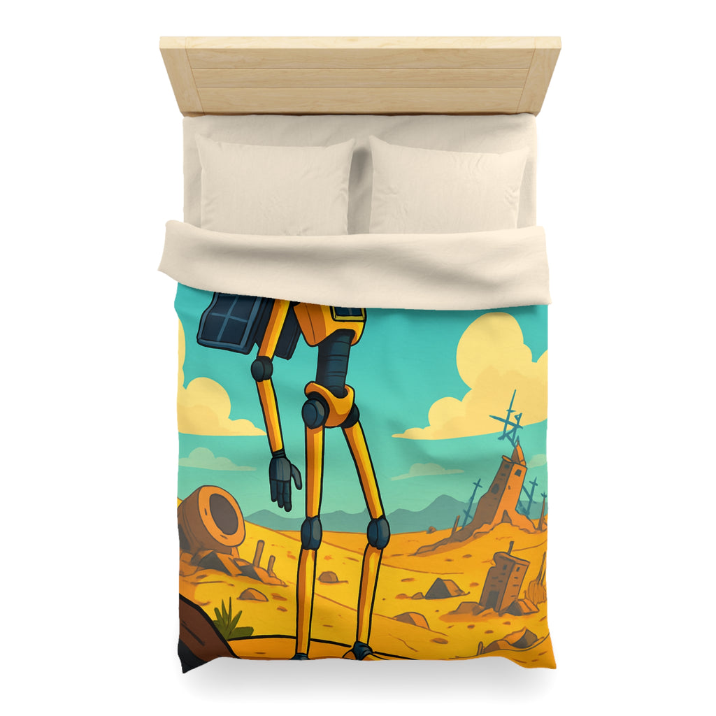 Housse de couette robot jaune explorateur dans désert post-apocalyptique avec oiseau