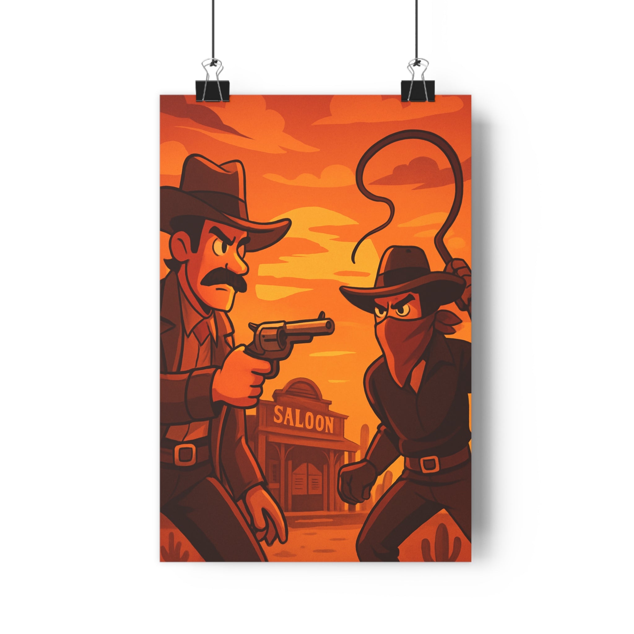 Poster décoratif cartoon western duel orange brun chambre enfant aventure classique ambiance 30x46 qualité