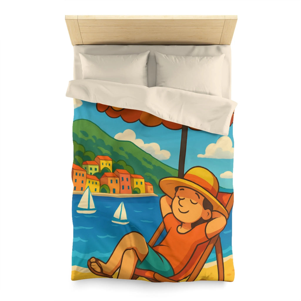 Housse de Couette Colorée Plage avec Parasol, Mer et Voiliers Décontractés Illustration