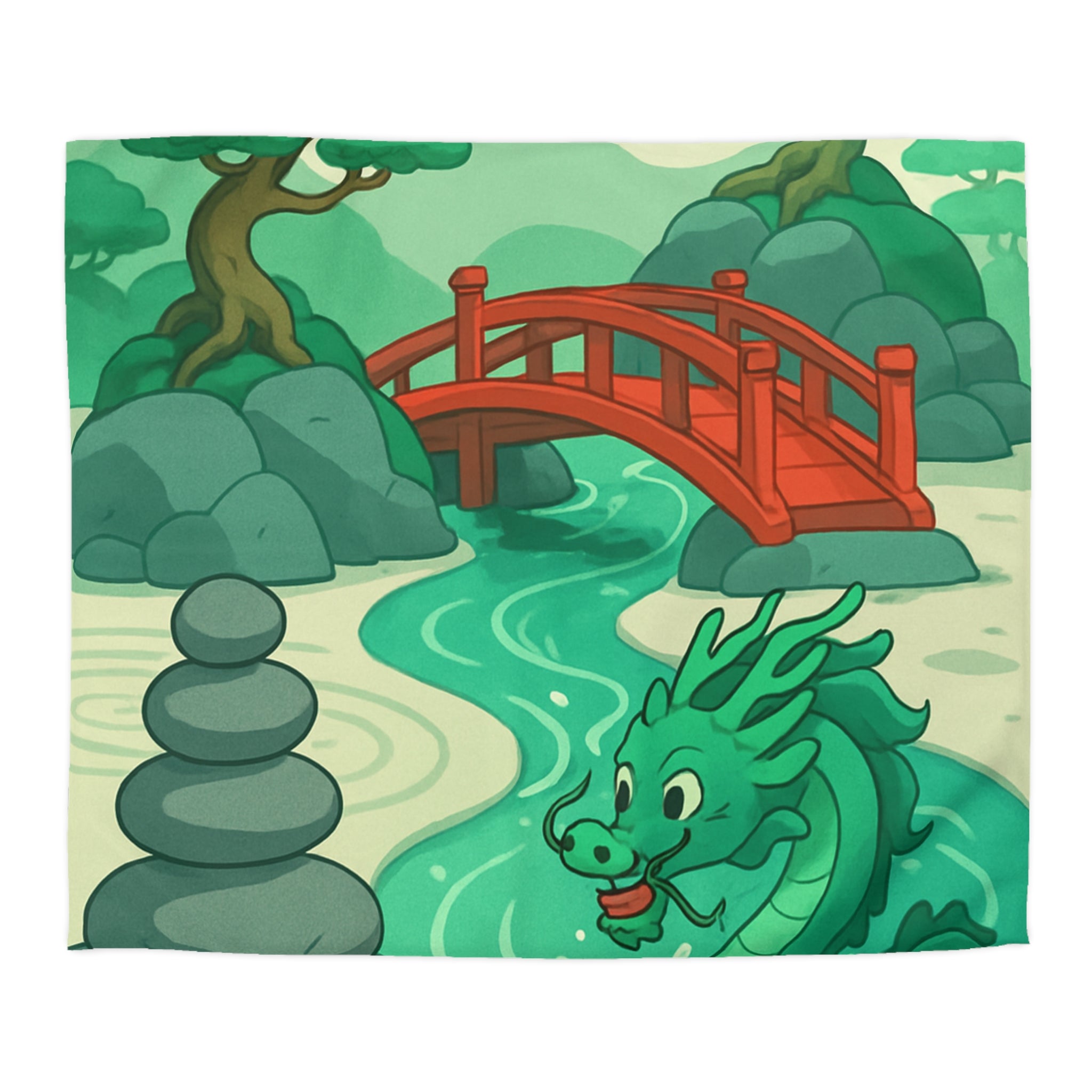 Magnifique housse de couette dragon vert dans jardin zen avec pont rouge