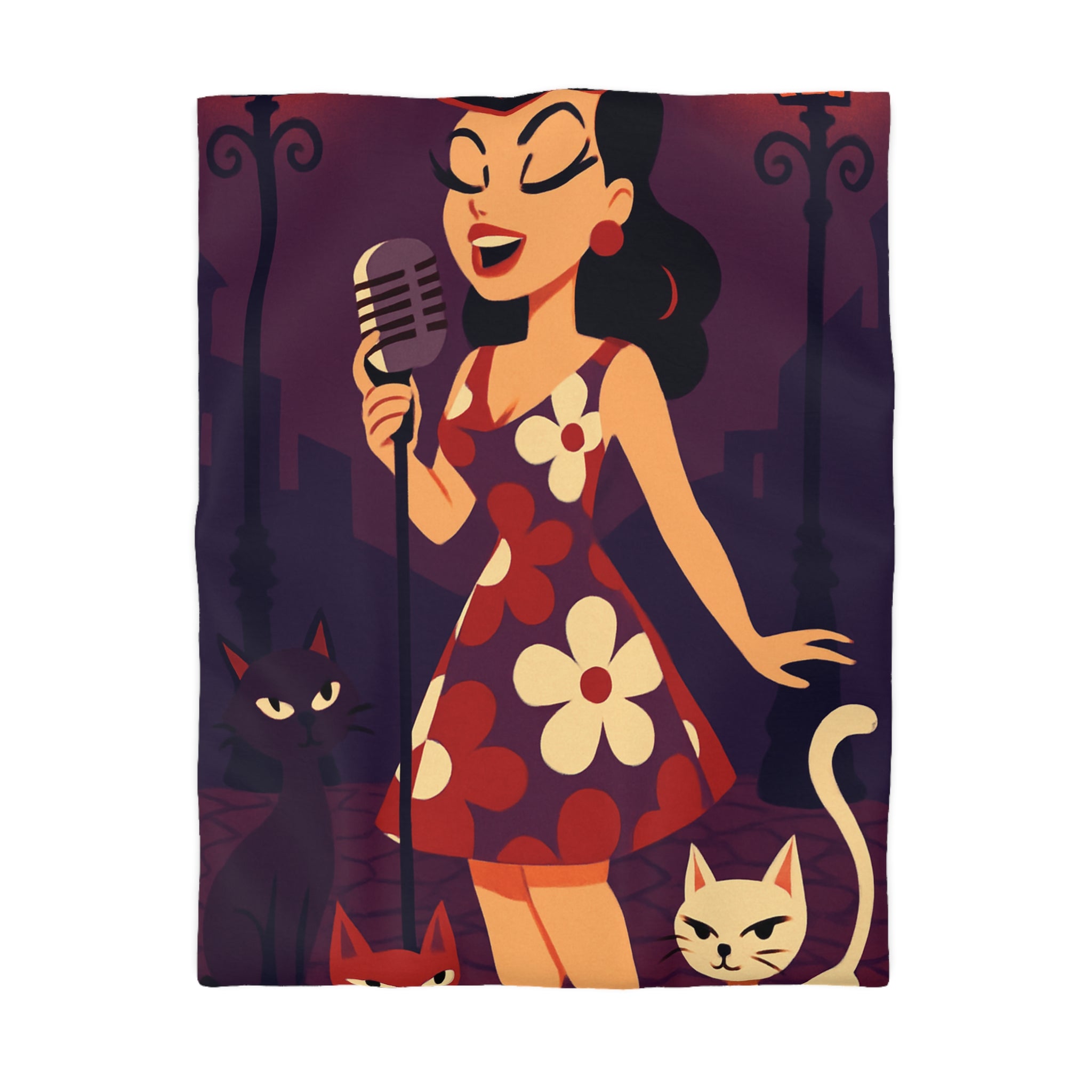 Housse de Couette Vintage avec Chanteuse Rétro et Chats sous Réverbères Nocturnes