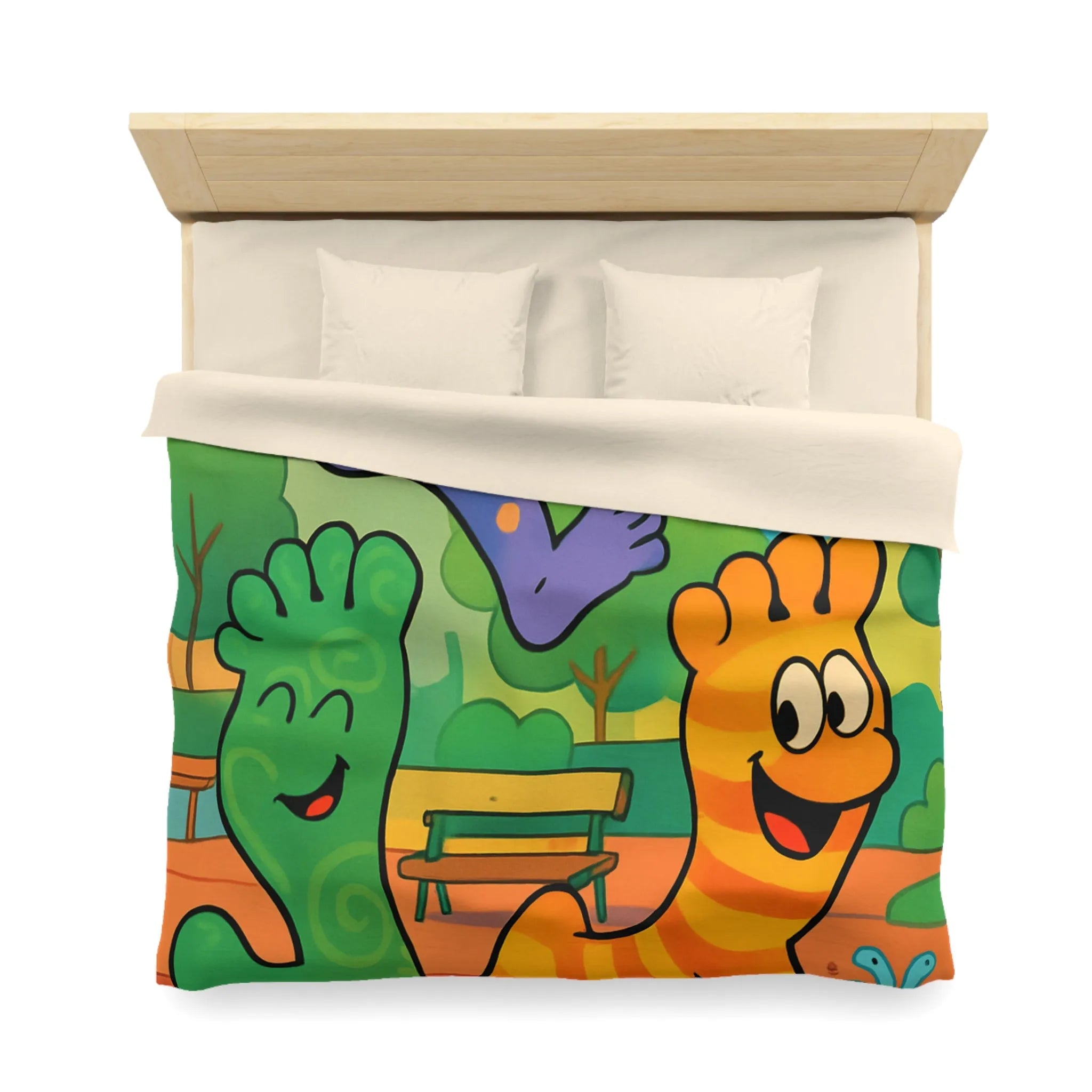 Housse de couette ludique avec motifs pieds colorés dans un parc joyeux urbain