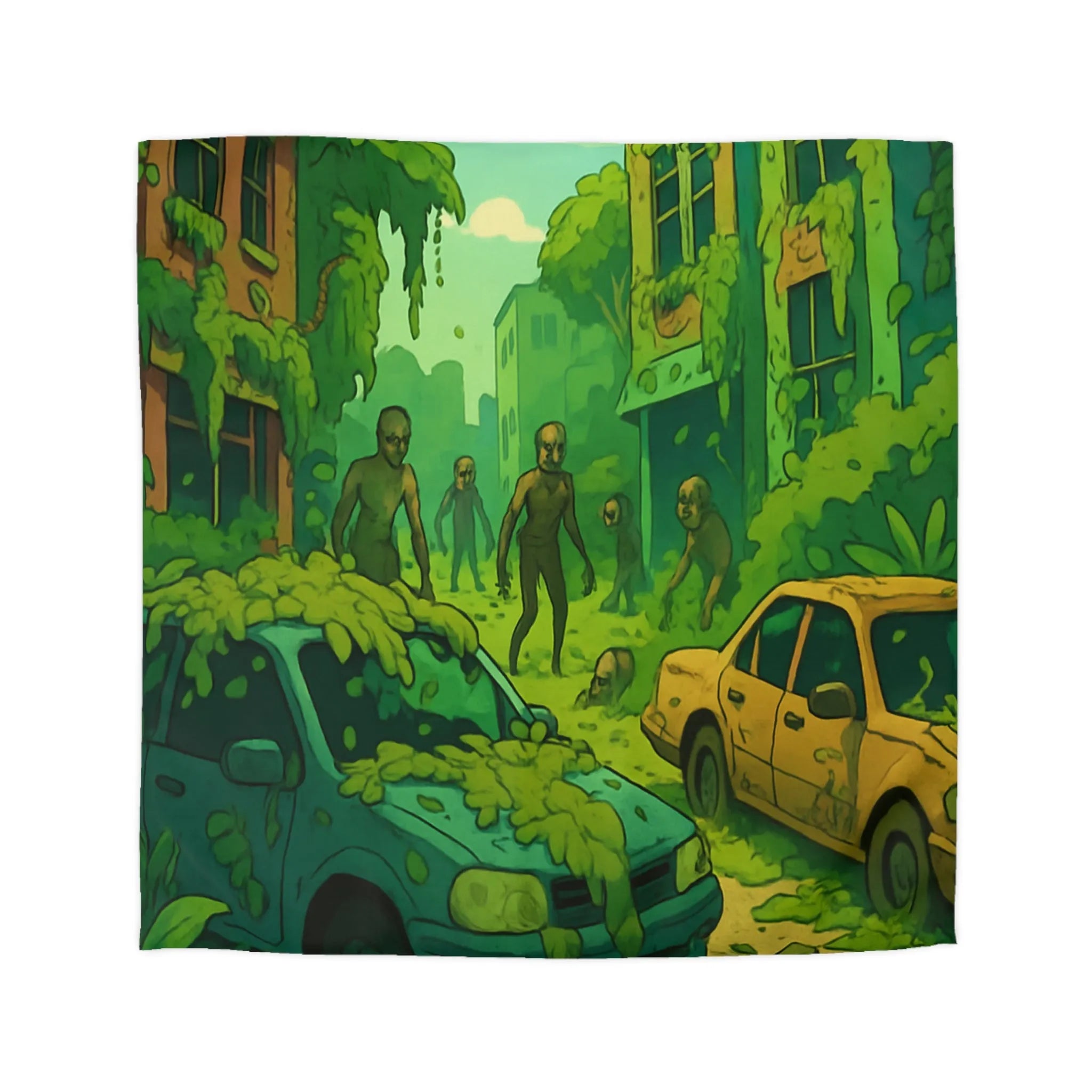 Housse de couette avec zombies et nature envahissante dans ville post-apocalyptique verte
