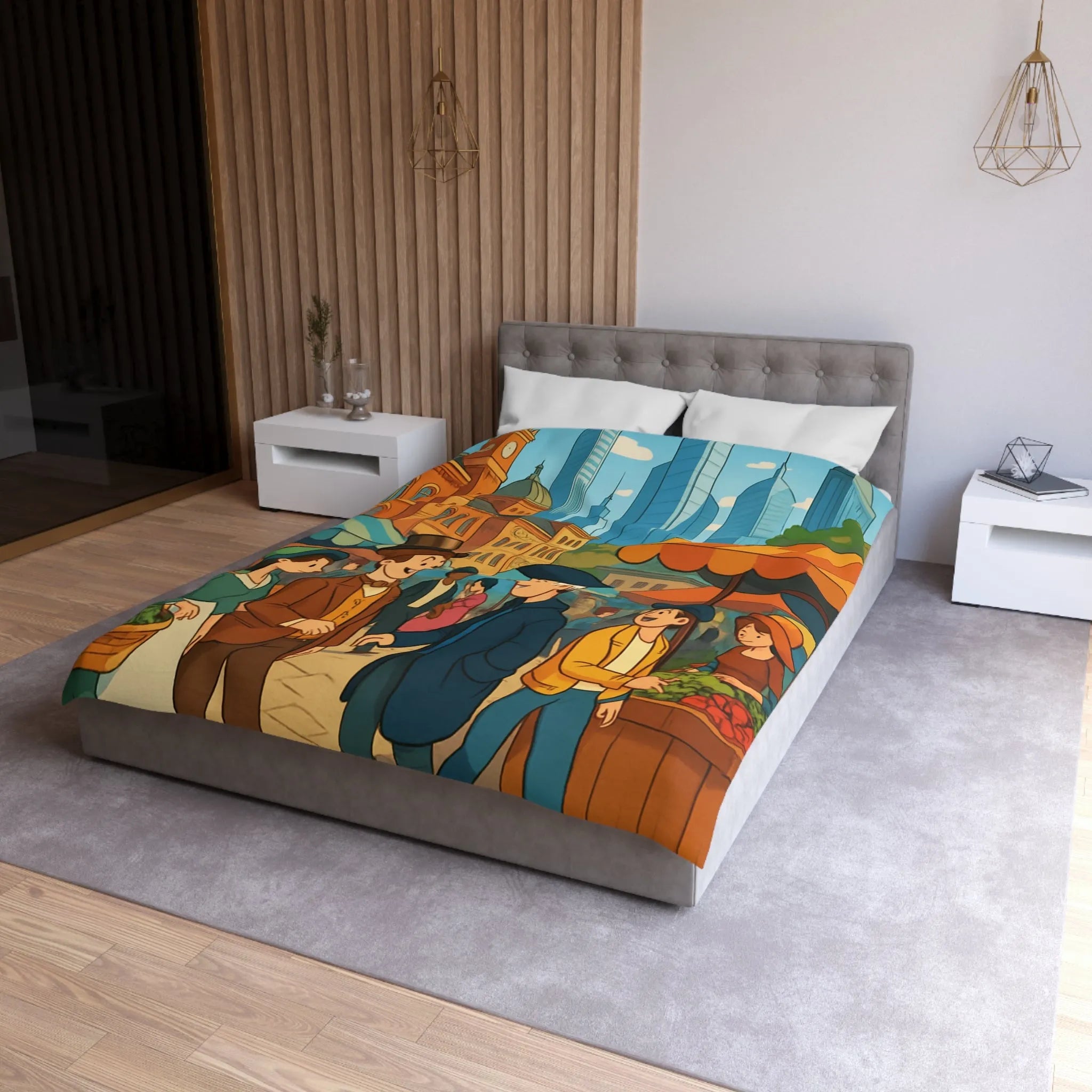 Housse de couette illustrée style rétro avec scène de marché urbain animé