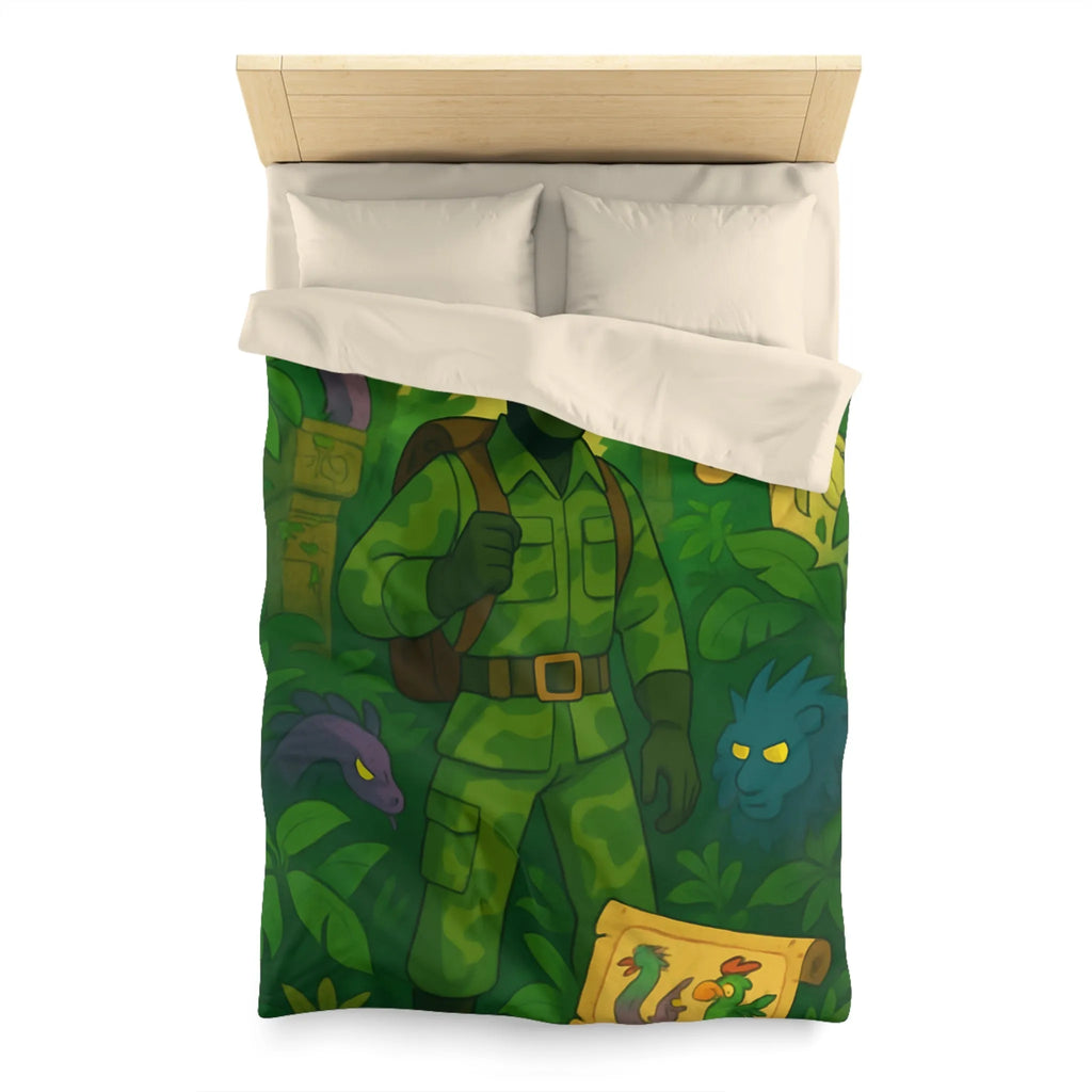 Housse de couette avec explorateur aventurier parmi créatures fantastiques et forêt luxuriante