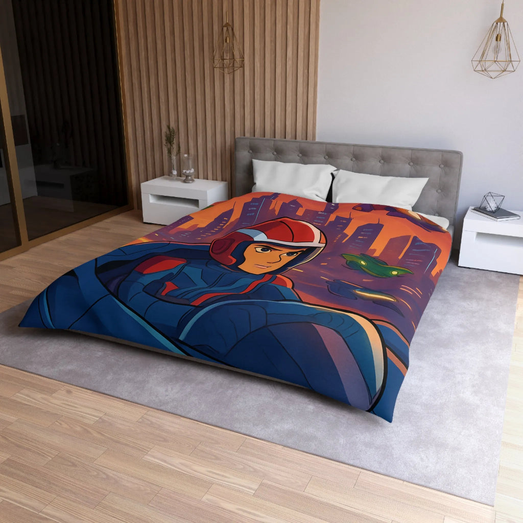 Housse de couette futuriste avec pilote de course et voitures volantes en ville