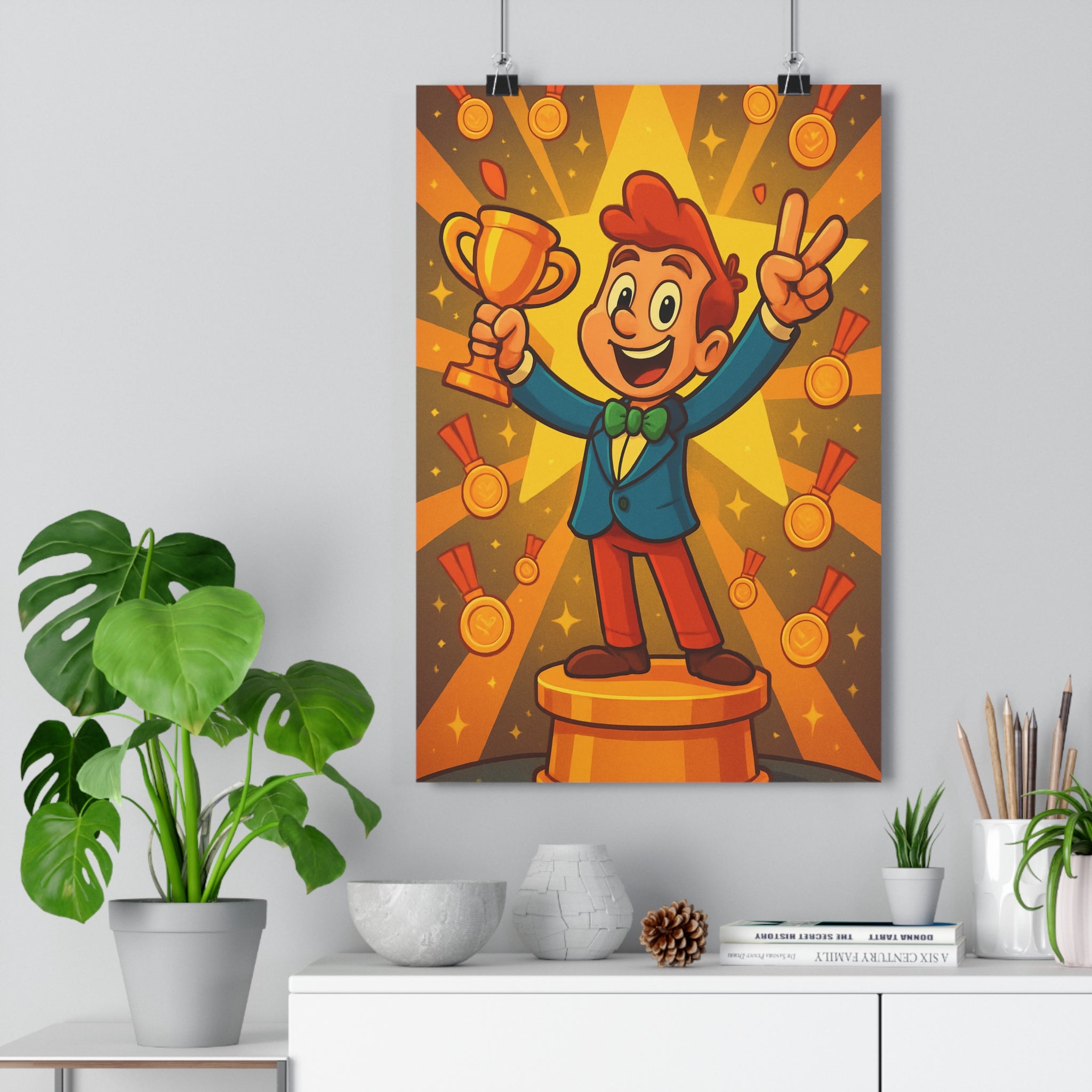 Poster décoratif cartoon jaune orange joyeux chambre enfant trophée médailles dynamique festif 30x46 cm
