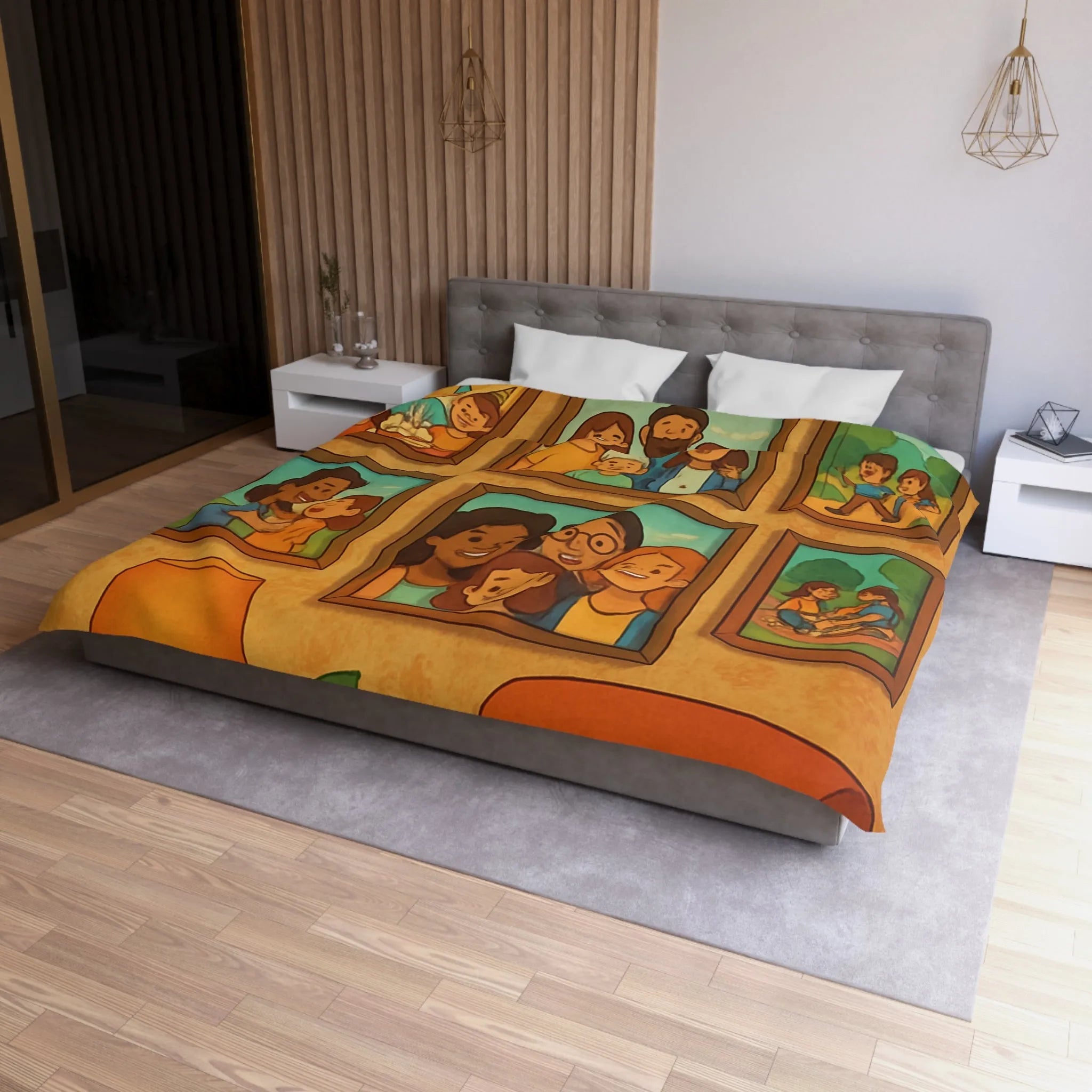 Housse de Couette Famille Heureuse avec Cadres Photo et Éléments Vintage pour Chambre