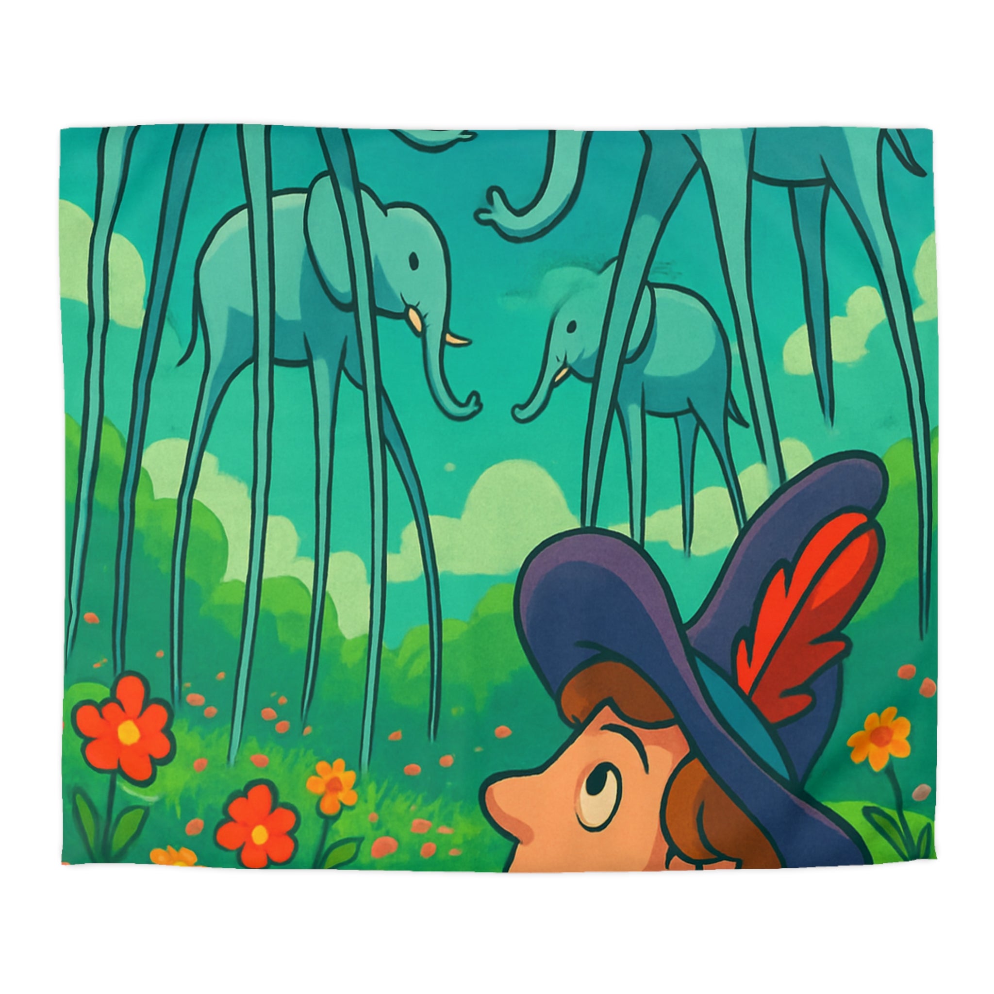 Housse de couette thème surréaliste éléphants géants couleur vive pour chambre artistique