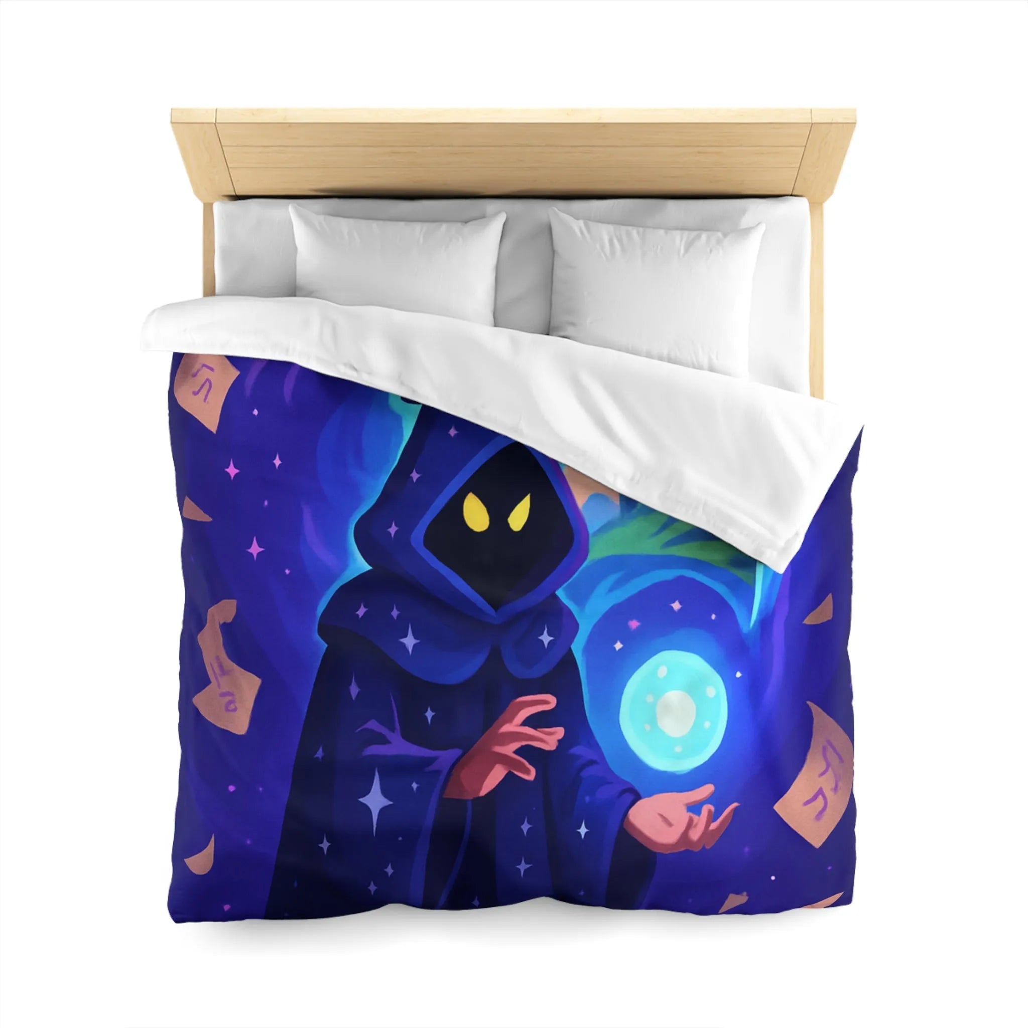 Housse de couette magique bleu nuit avec sorcier et château fantastique étoilé mystérieux