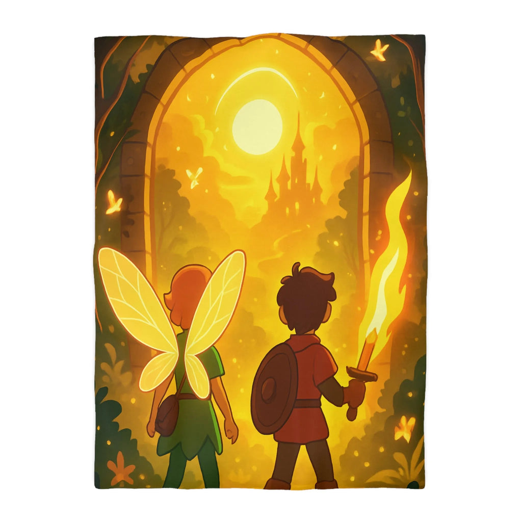 Housse de couette féerique avec fées et aventuriers dans une forêt enchantée magique