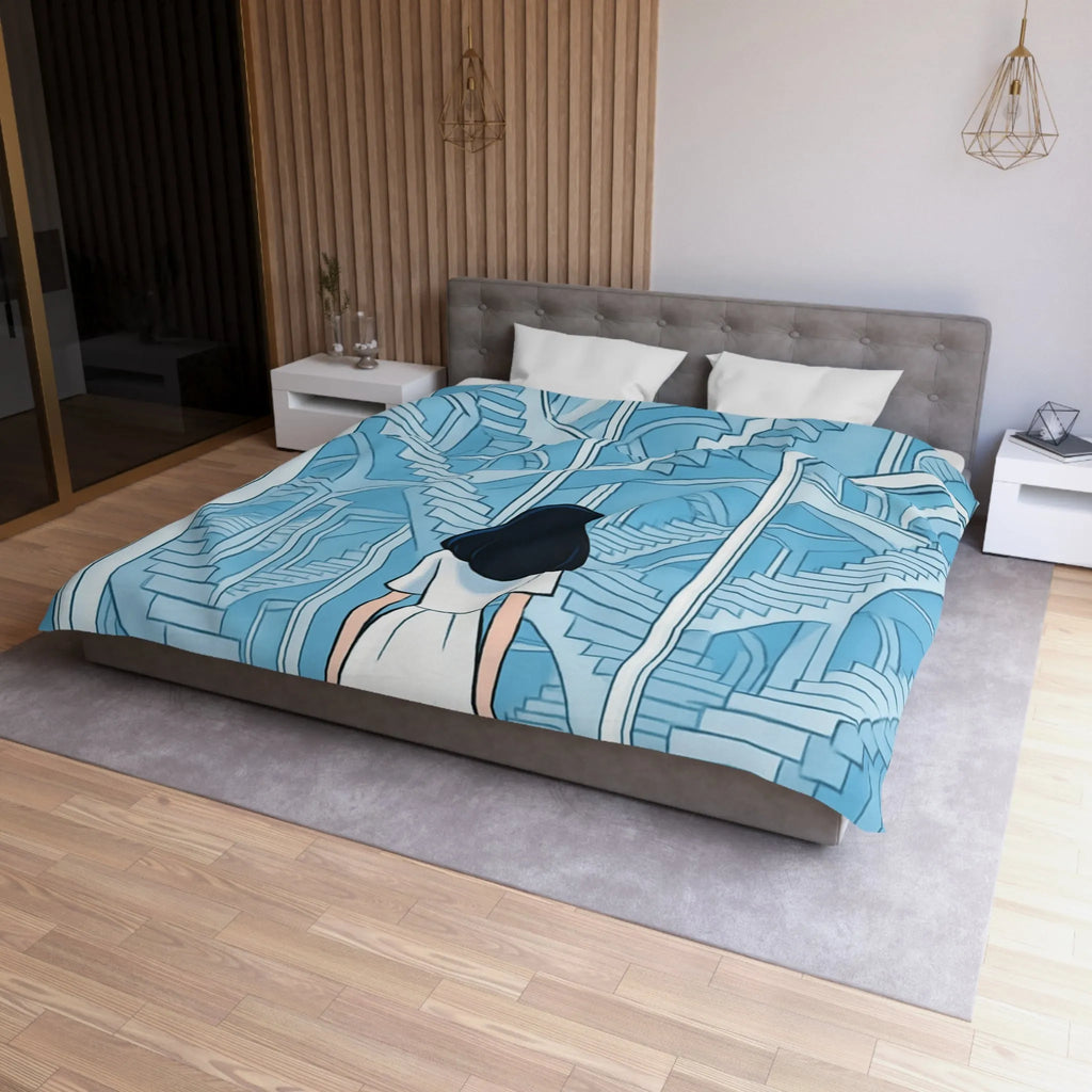 Housse de couette escalier infini en bleu avec femme en robe blanche contemporaine