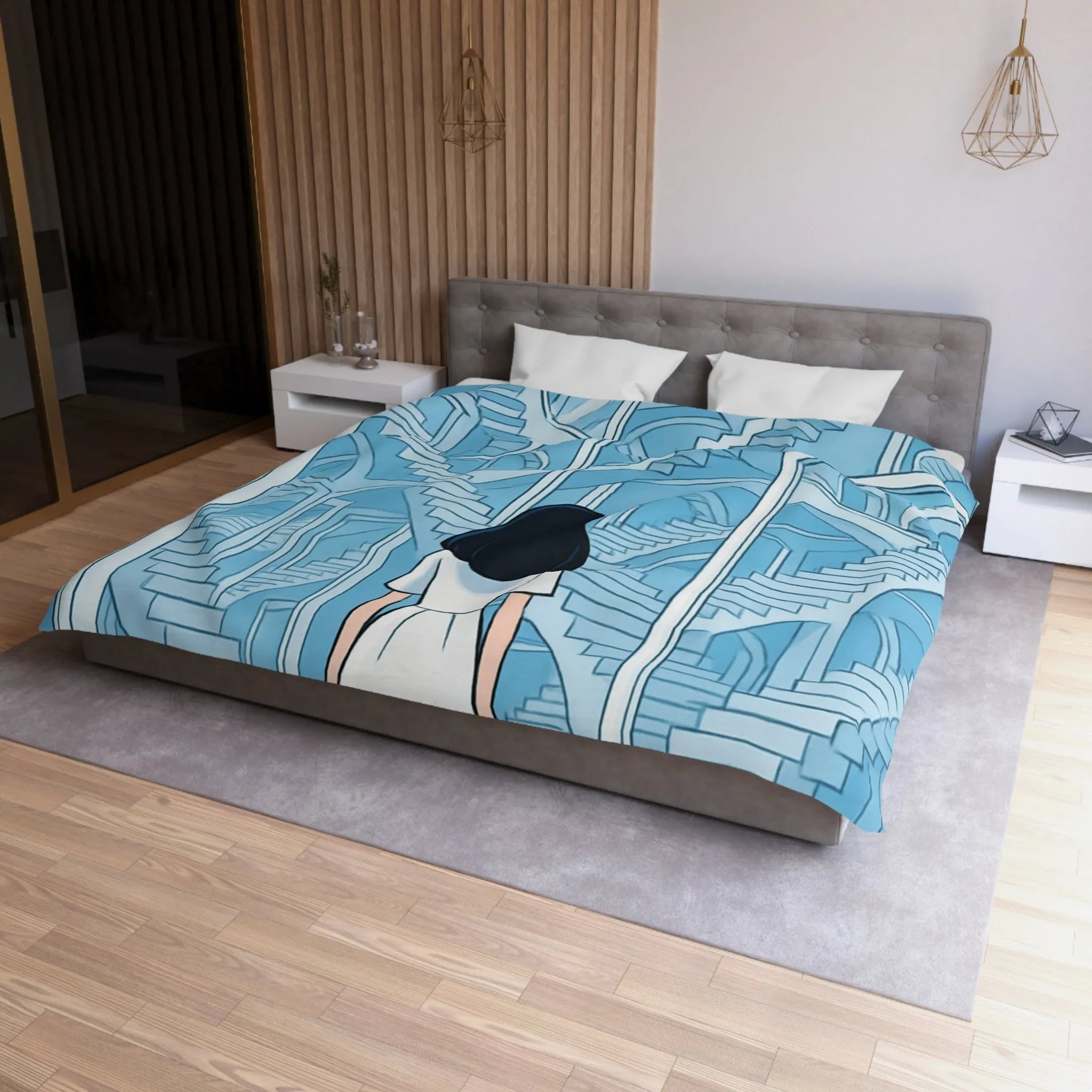 Housse de couette escalier infini en bleu avec femme en robe blanche contemporaine