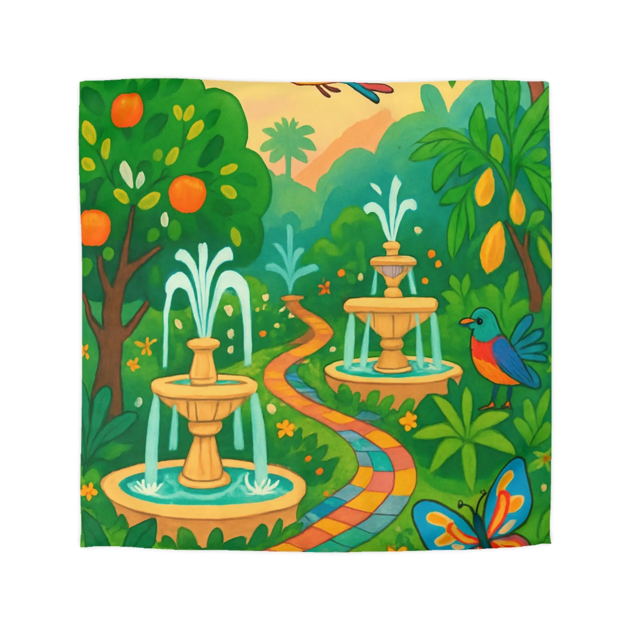 Housse de couette colorée avec oiseaux et fontaines dans jardin tropical vibrant