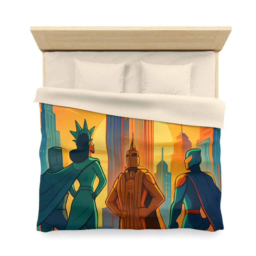 Super-héros courageux contemplant une ville moderne au lever du soleil urbain majestueux