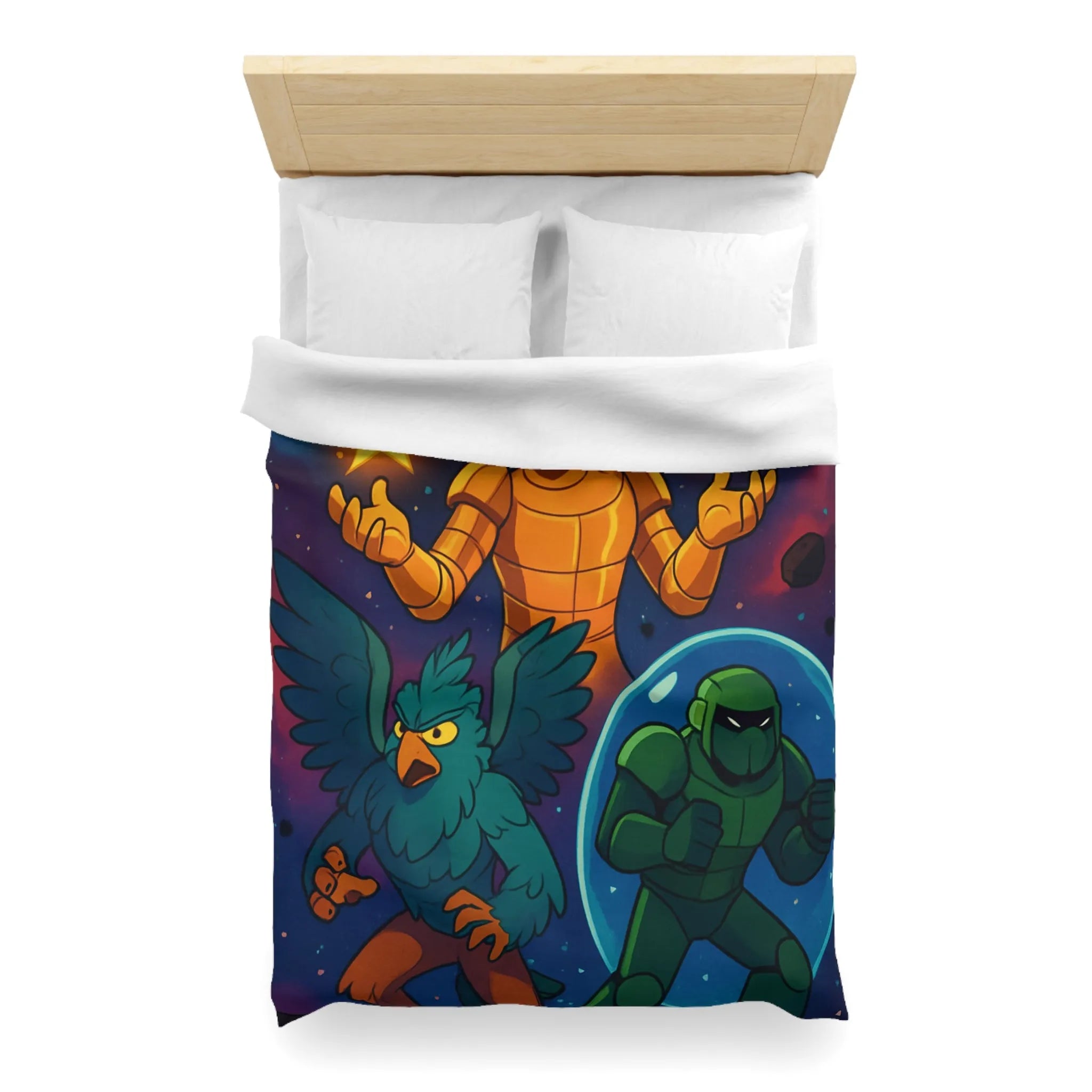 Housse de couette colorée avec personnages fantastiques: héros flamboyant, créature ailée, soldat galactique