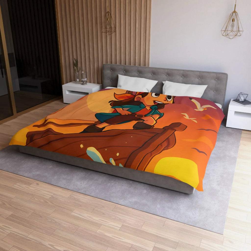 Housse de couette enfant motif pirate aventure en mer avec coucher de soleil vibrant