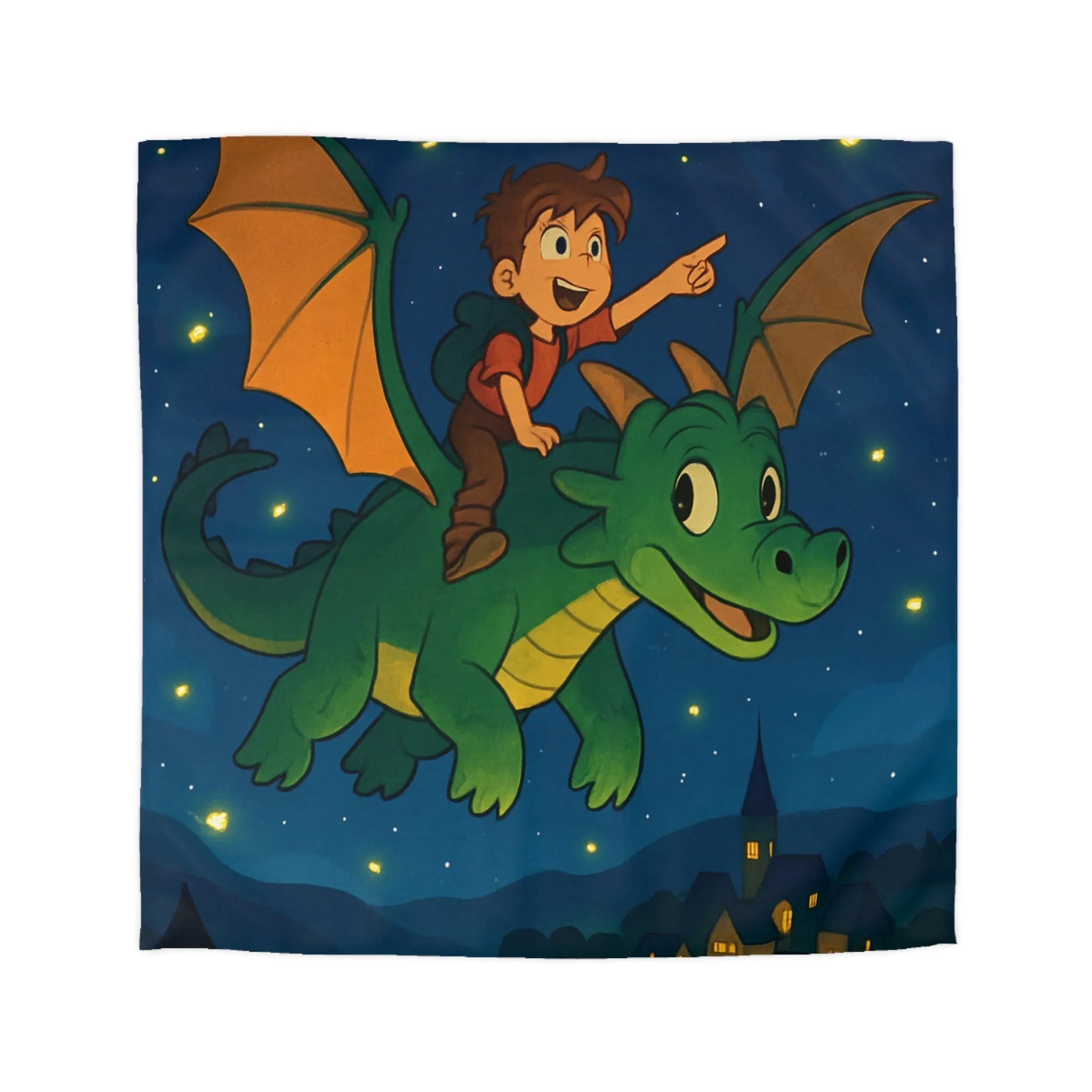 Housse de couette magique avec dragon et enfant volant dans un ciel étoilé