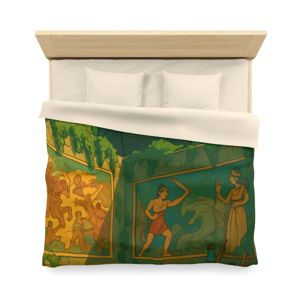 Enchantante parure de lit jardin fantastique avec golem géant et enfants joueurs colorés