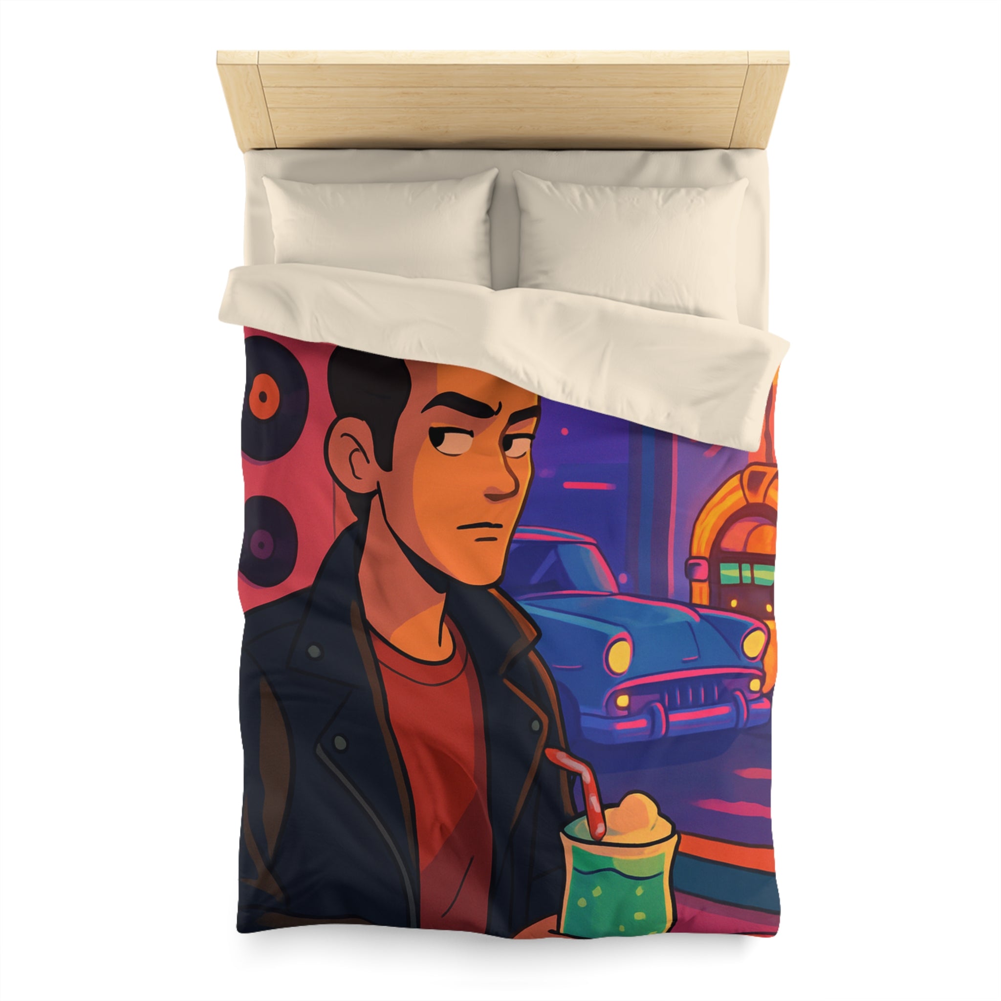 Housse de couette rétro avec voiture vintage et ambiance néon au style coloré