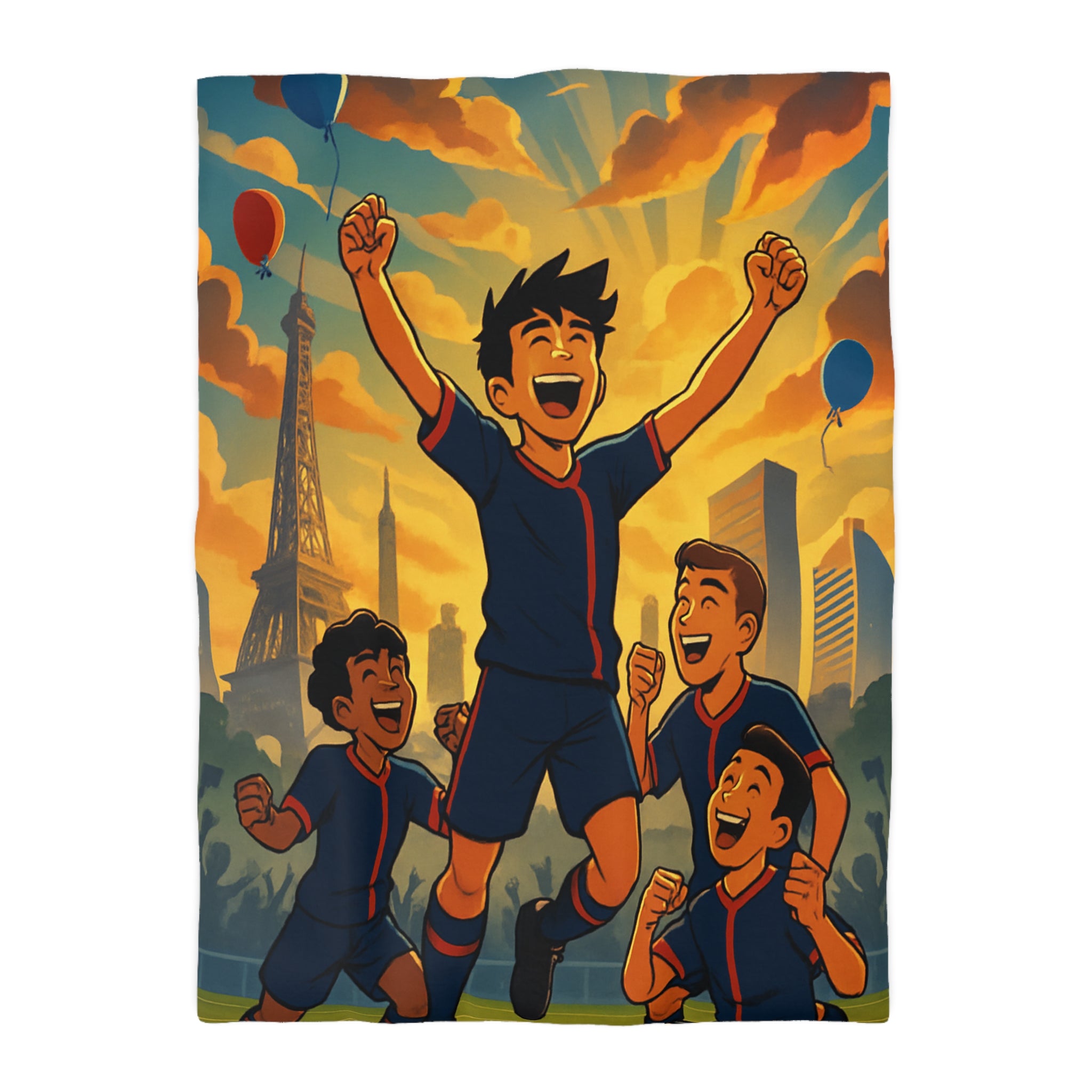 Housse de couette pour enfants avec footballeurs enthousiastes devant paysage urbain en coucher de soleil