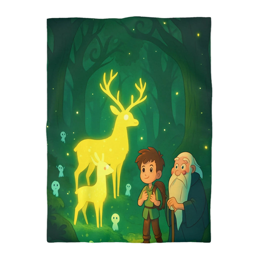 Housse de couette féerique avec cerfs lumineux et personnages dans une forêt enchantée
