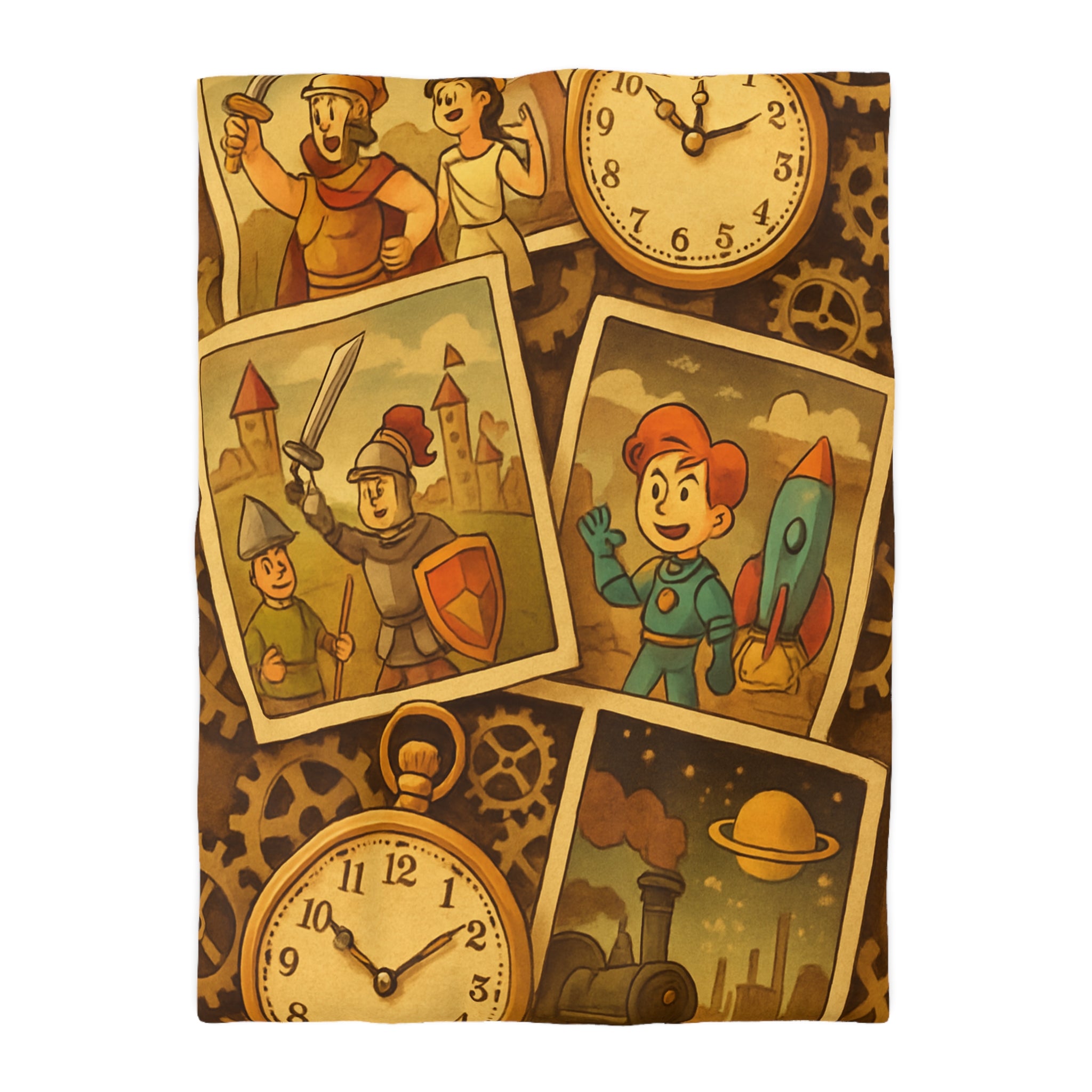 Housse de couette rétro avec horloges, conquérants et thème d'exploration spatiale et historique