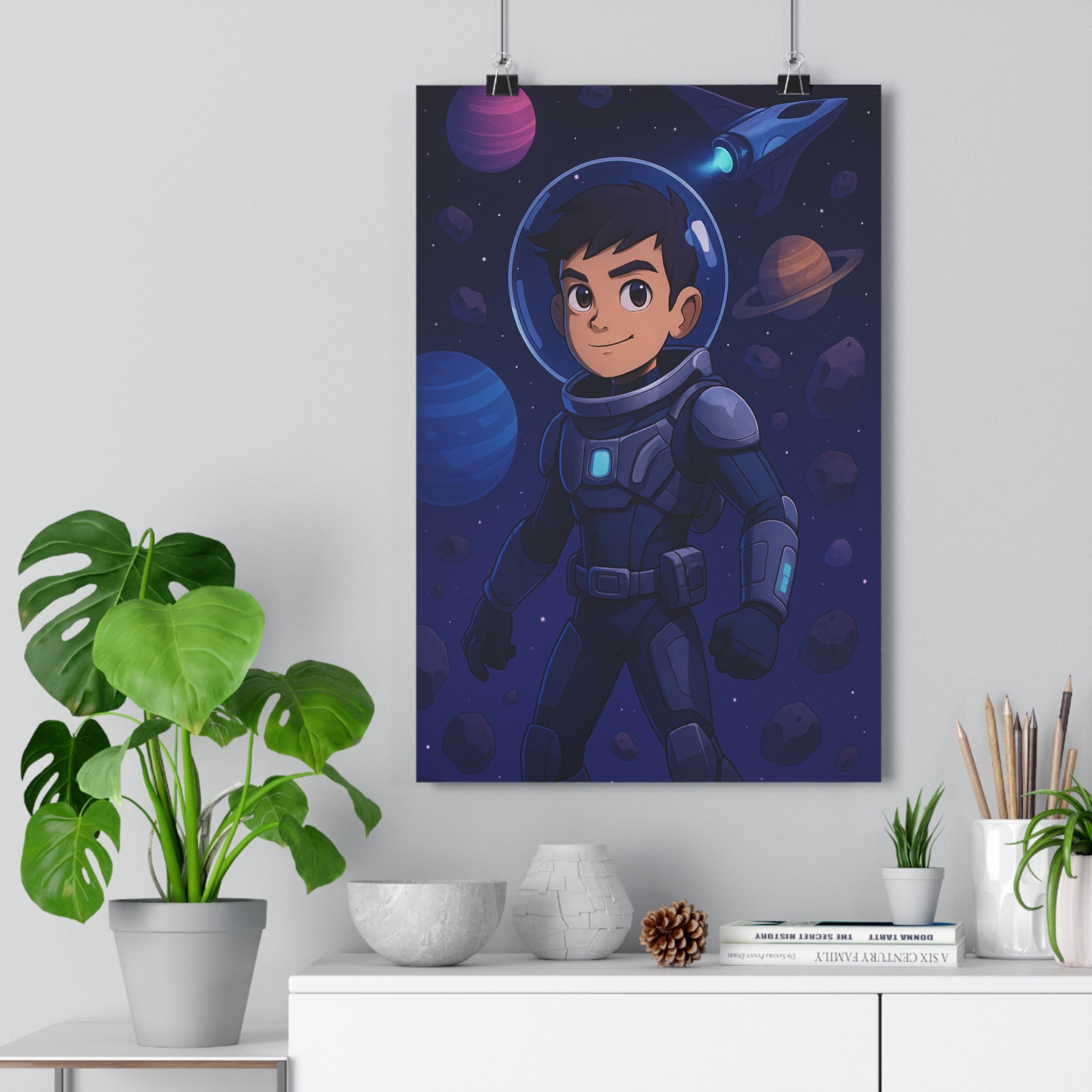 Poster décoratif astronaute bleu violet cartoon futuriste chambre enfant espace aventure 30x46 rêveur qualité