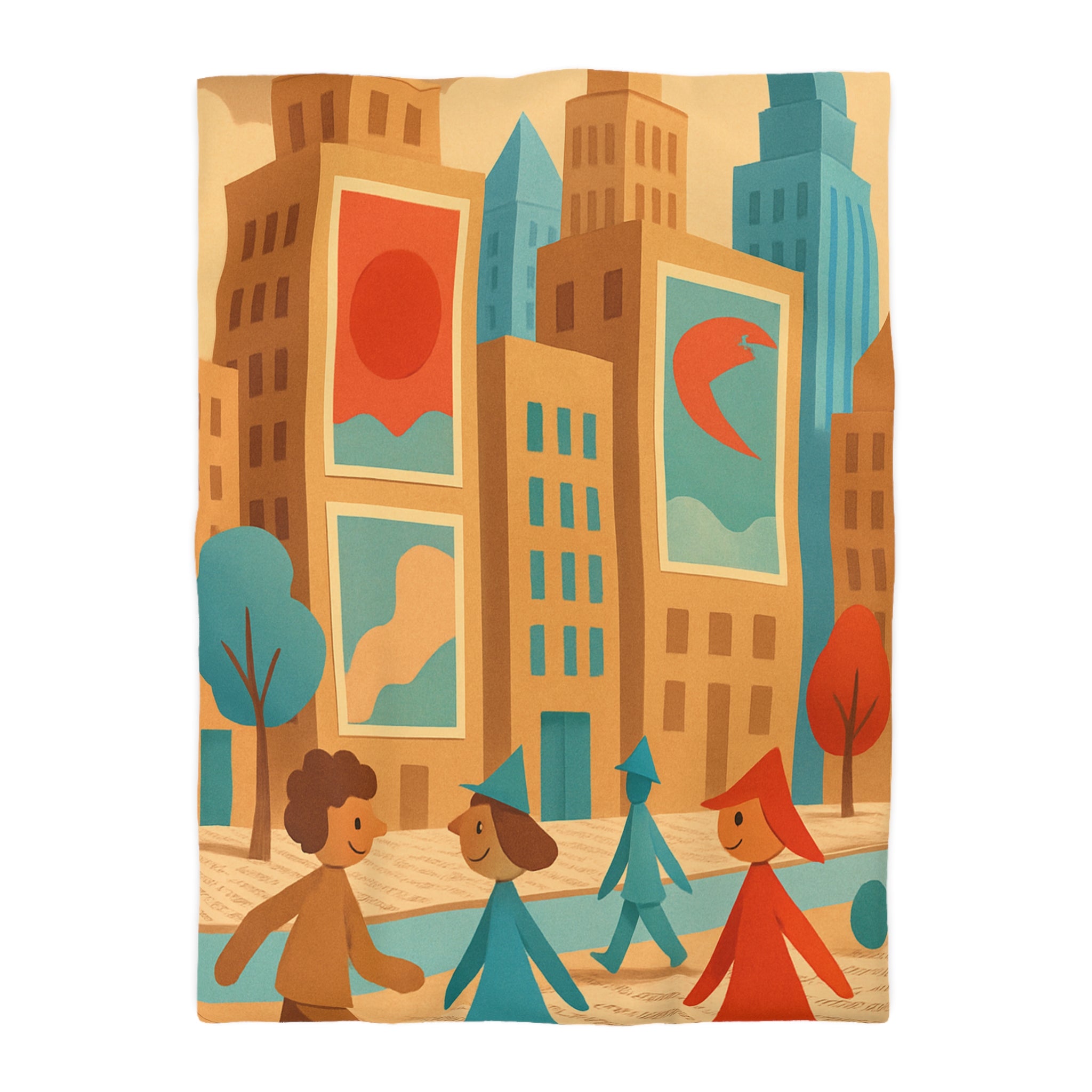 Housse de couette urbaine vintage : architecture colorée, silhouettes géométriques, ambiance rétro joyeuse