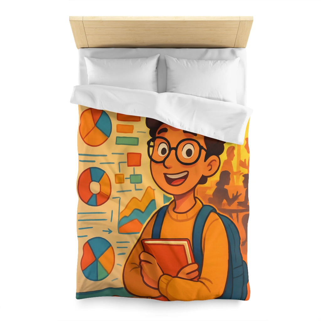 Housse de couette avec motif graphique coloré et personnage étudiant portant lunettes