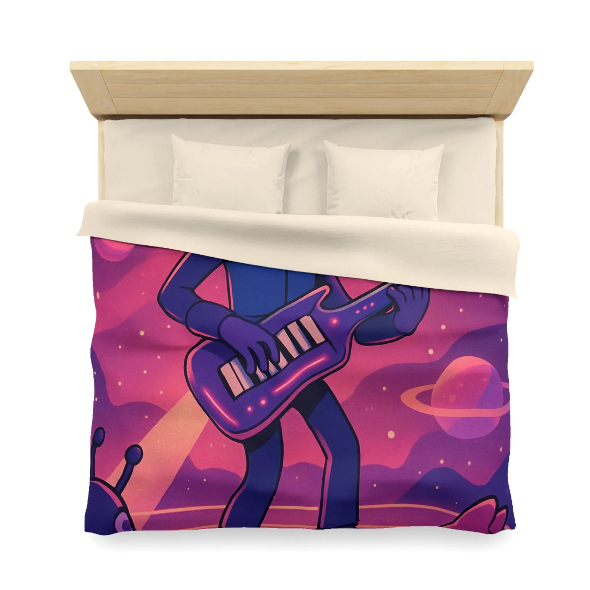 Housse de couette colorée avec astronaute jouant de la guitare dans l’espace cosmique magique