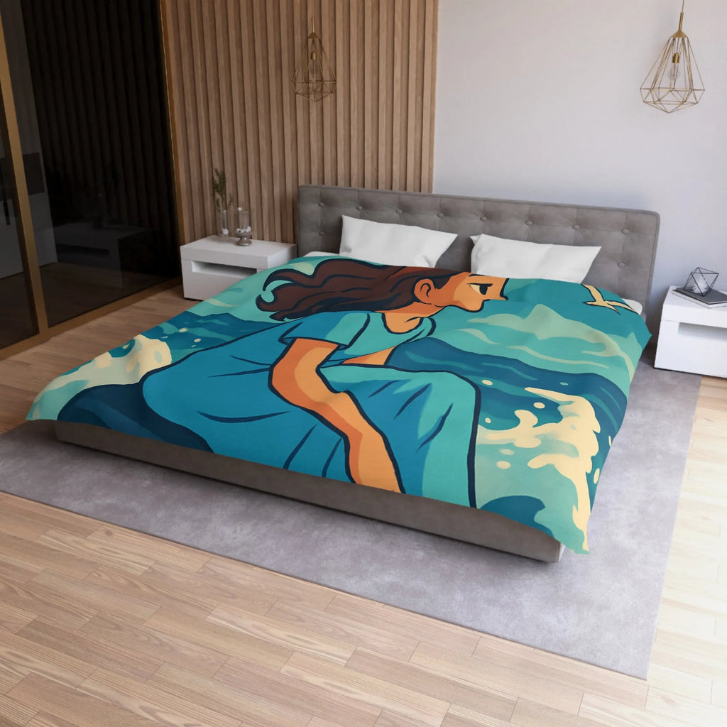 Housse de Couette Art Nouveau Femme Mermaid Assise sur Rochers avec Mouettes