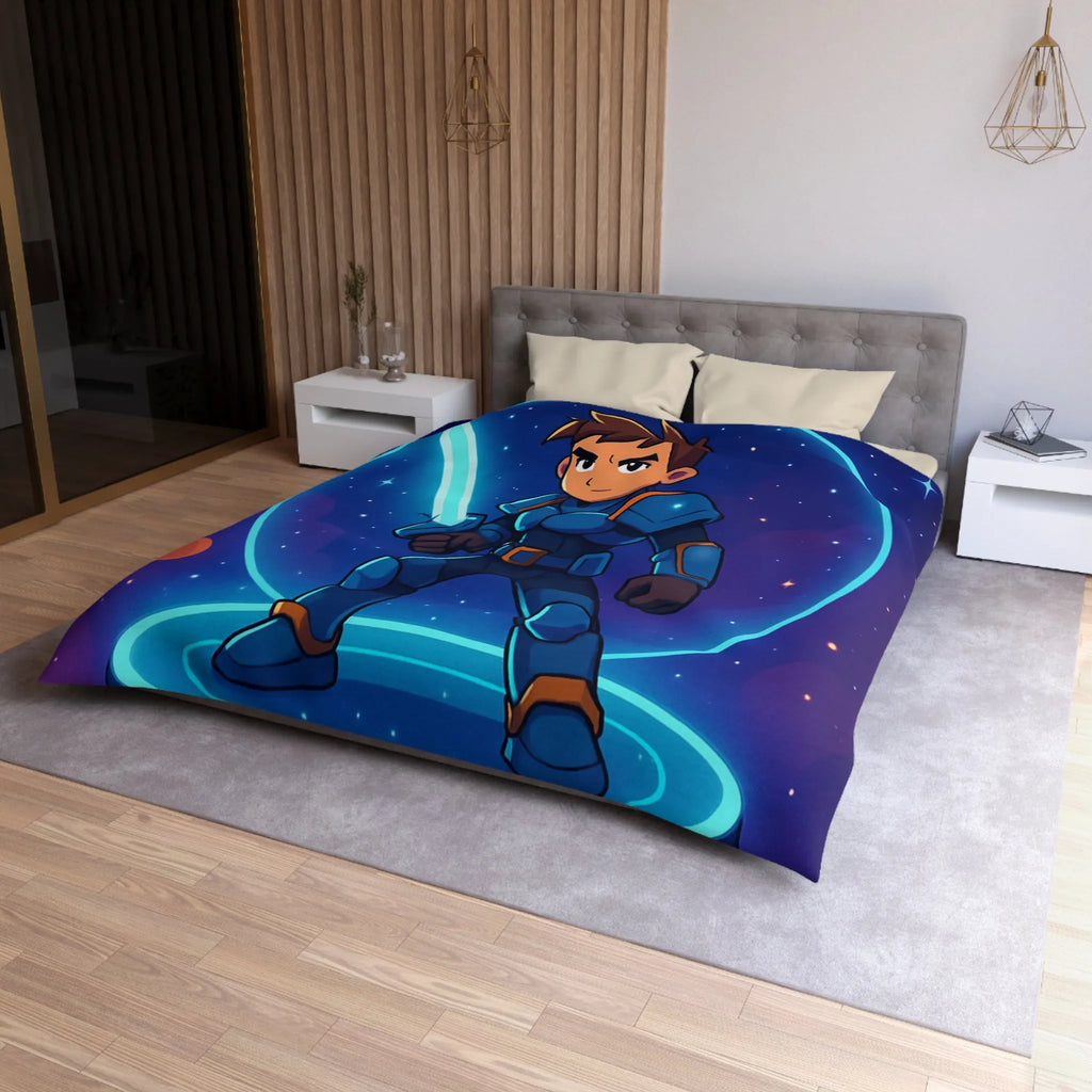 Ensemble galactique animé avec jeune héros et épée lumineuse sur fond cosmique vibrant