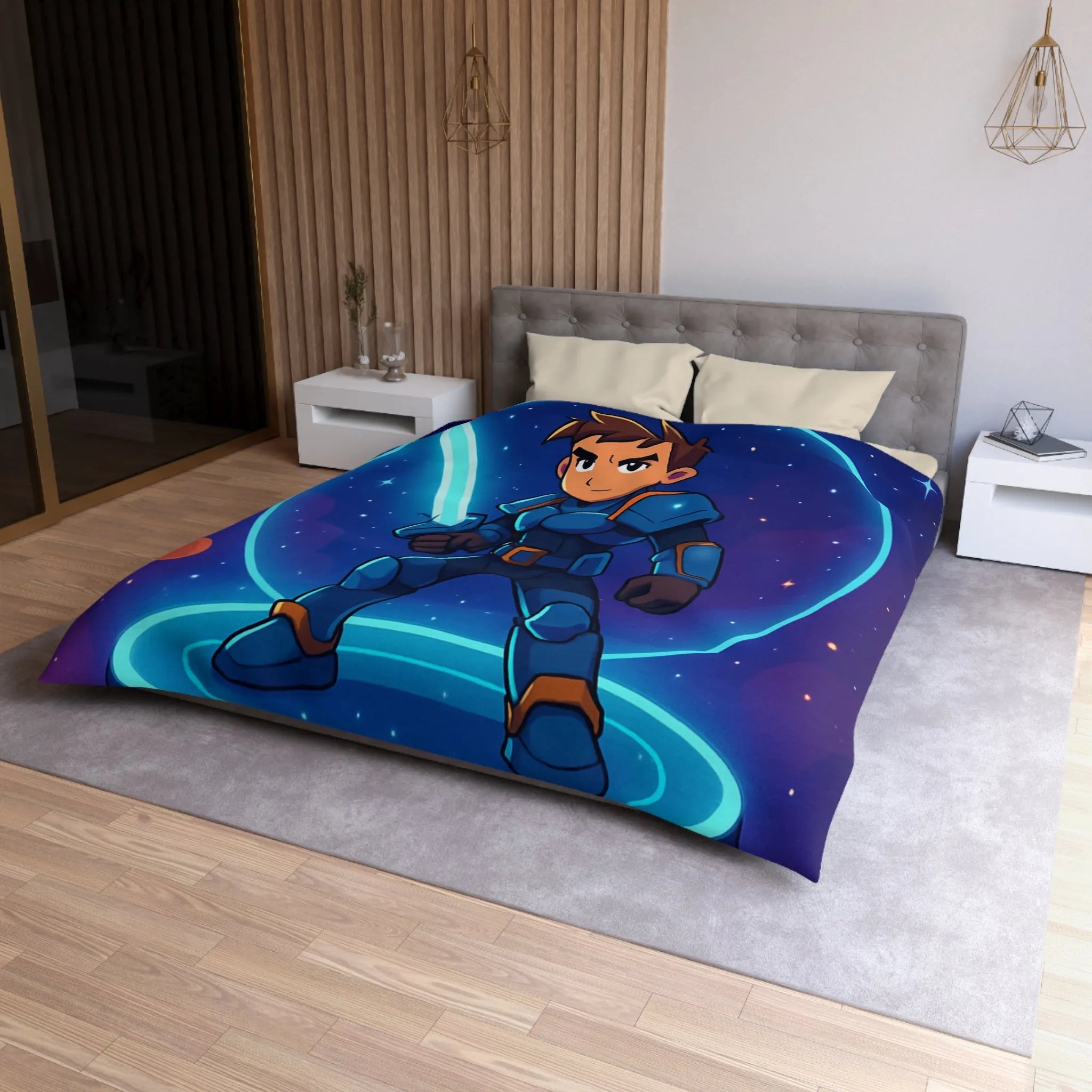 Ensemble galactique animé avec jeune héros et épée lumineuse sur fond cosmique vibrant