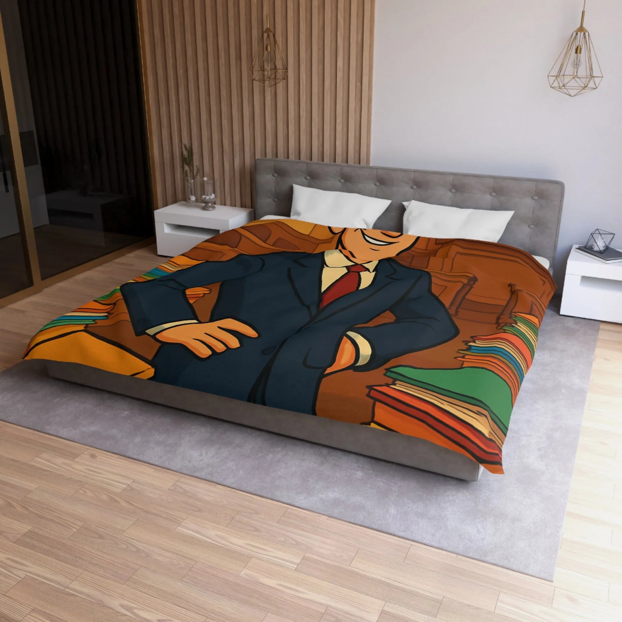 Élégante housse de couette rétro, piles de dossiers colorés, personnage confiant et distingué