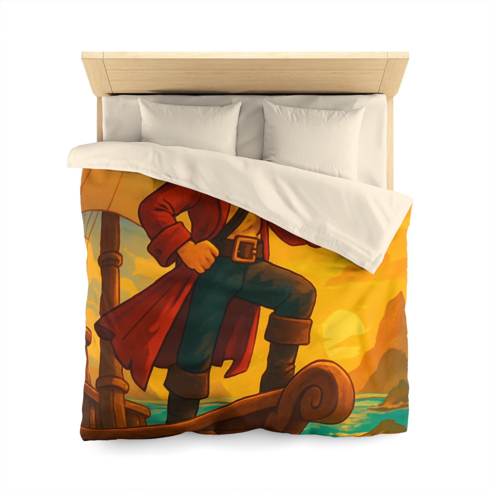 Housse de Couette Pirate Aventurier sur Bateau en Mer au Coucher du Soleil