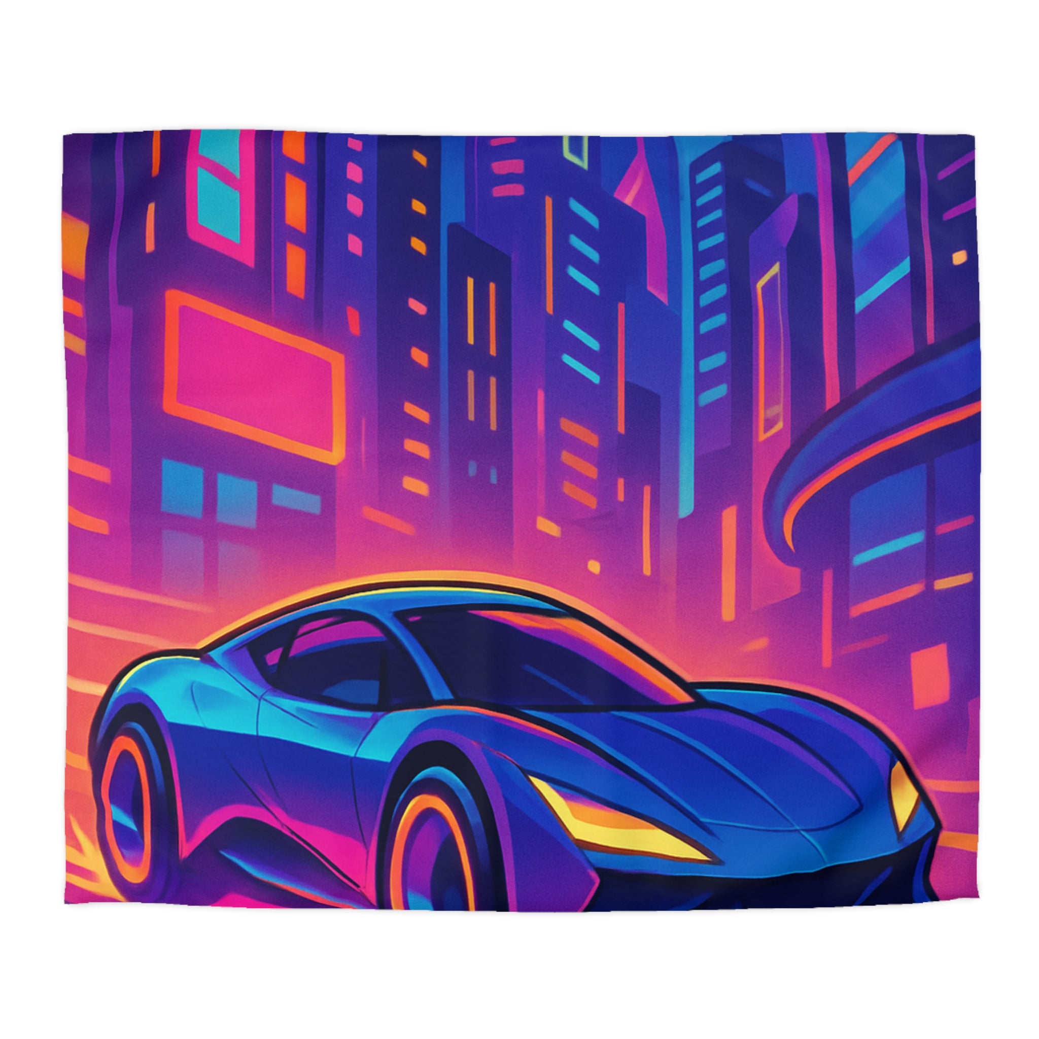 Housse de couette voiture néon sur fond de ville futuriste aux couleurs vibrantes